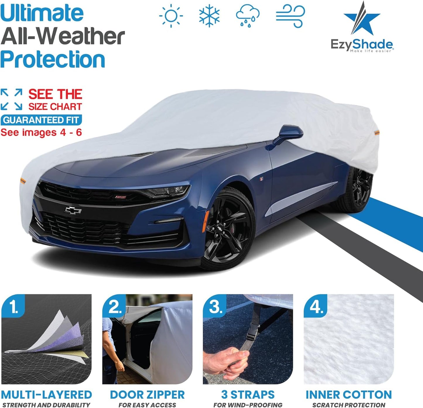 EzyShade 10-Layer Waterproof Sports Car Cover. See Vehicle Size-Chart for Accurate Fit. All Weather Outdoor Covers. Challenger Charger Monte Carlo Classic Cars Sun Snow Rain. Size C6 (See SizeChart)