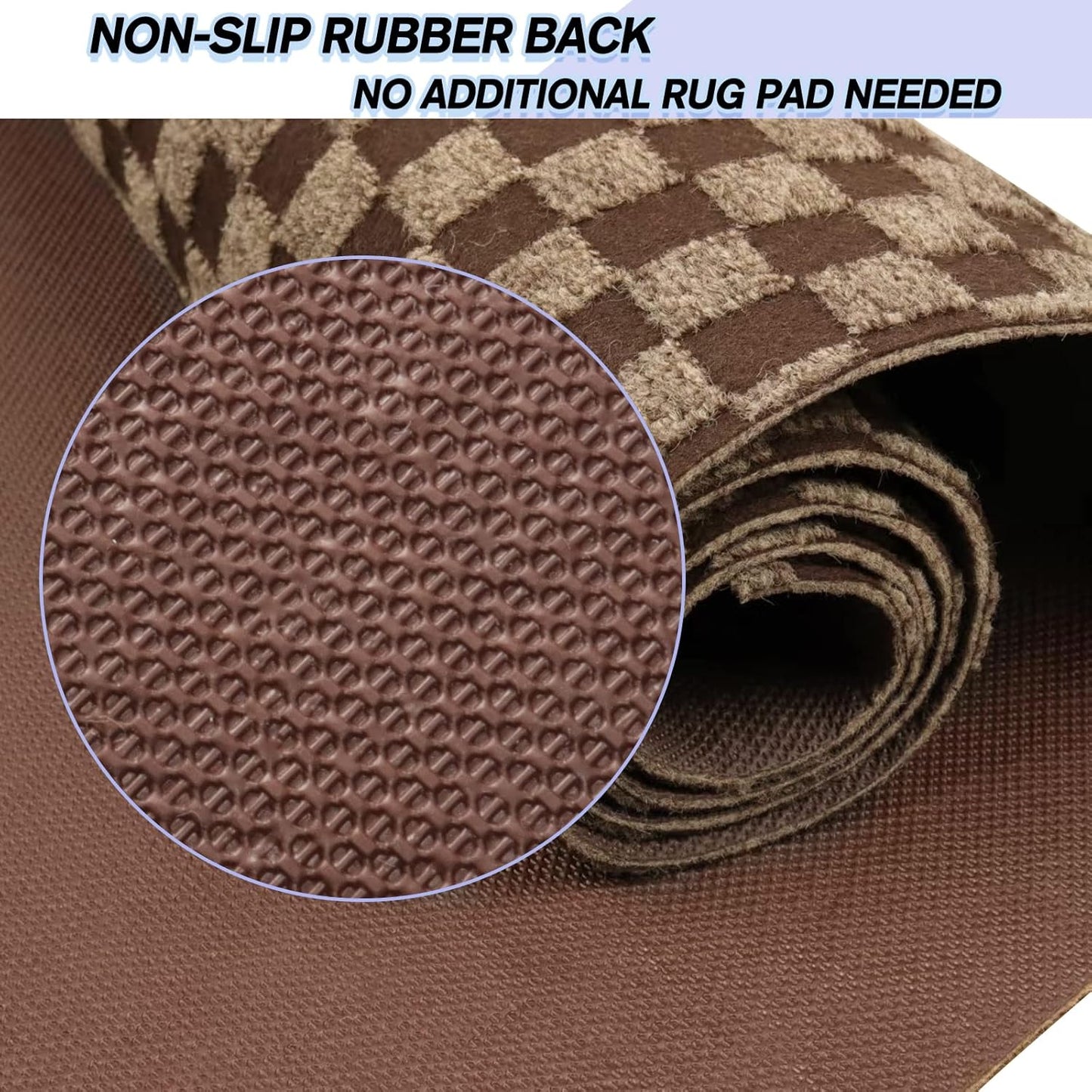 Custom Size Backed Non-Slip Area Rugs Runner, Easy Clean, Waterproof Runner Rugs for Hallway Entryway, Kitchen, Laundry, 3FT x 40FT, Brown Checkered