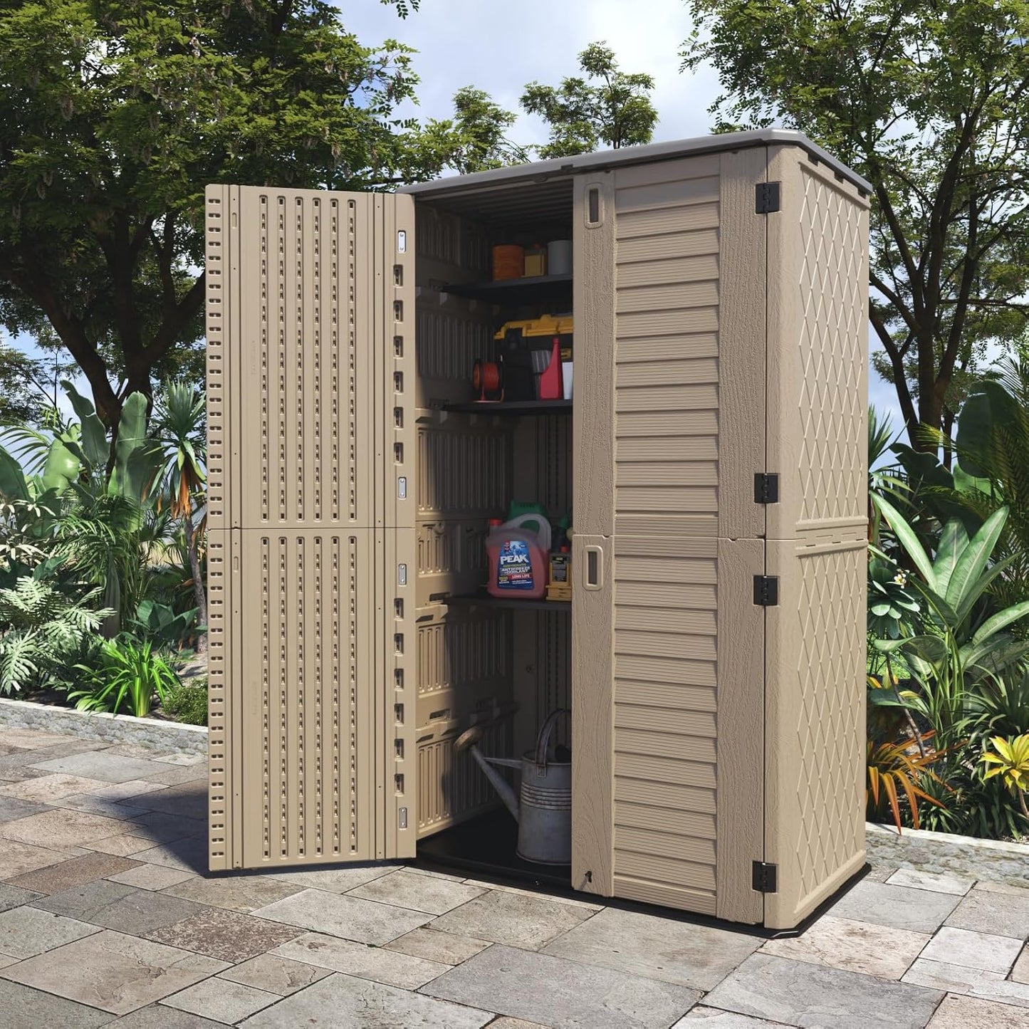 ADDOK Outdoor Storage Sheds Waterproof,Resin Outdoor Storage Cabinet Lockable, Double-Layer Storage Shed for Patios/Generator/Long-Handled Tools