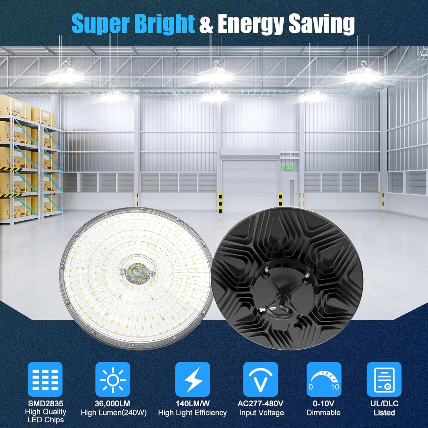 480V High Bay LED Lights 240W 36000LM(150LM/W) UL DLC Listed 0-10V Dimmable UFO High Bay Lighting 240W 200W 150W Adjustable 5000K IP65 Barn Workshop Warehouse Gym Factory Light