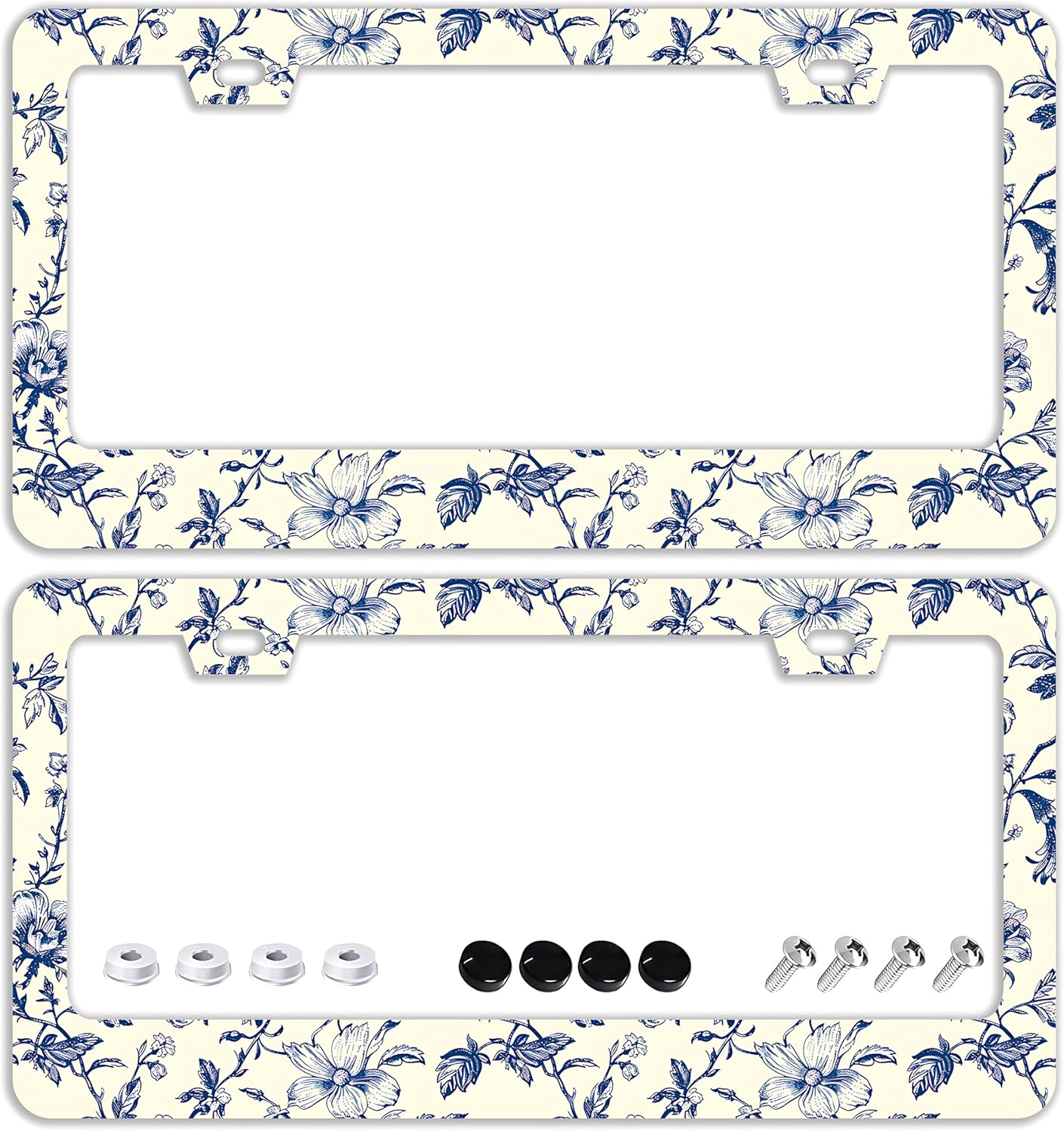 Blue Floral Flowers License Plate Frames - 2 Pcs Set 2 Holes Stainless Steel Metal Auto Car Accessories Decoration License Plate Frame Cover Size 6.3" x 12.2" Fit US Vehicles for Women Men Gift