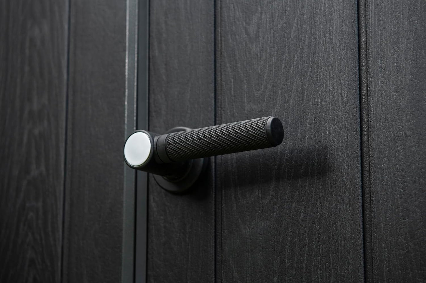 Keter Signature Collection 9x7 Ft All-Weather Storage Shed with Skylight, Window, Built-in Ventilation, Customizable Walls, & Lockable Double Doors, Walnut