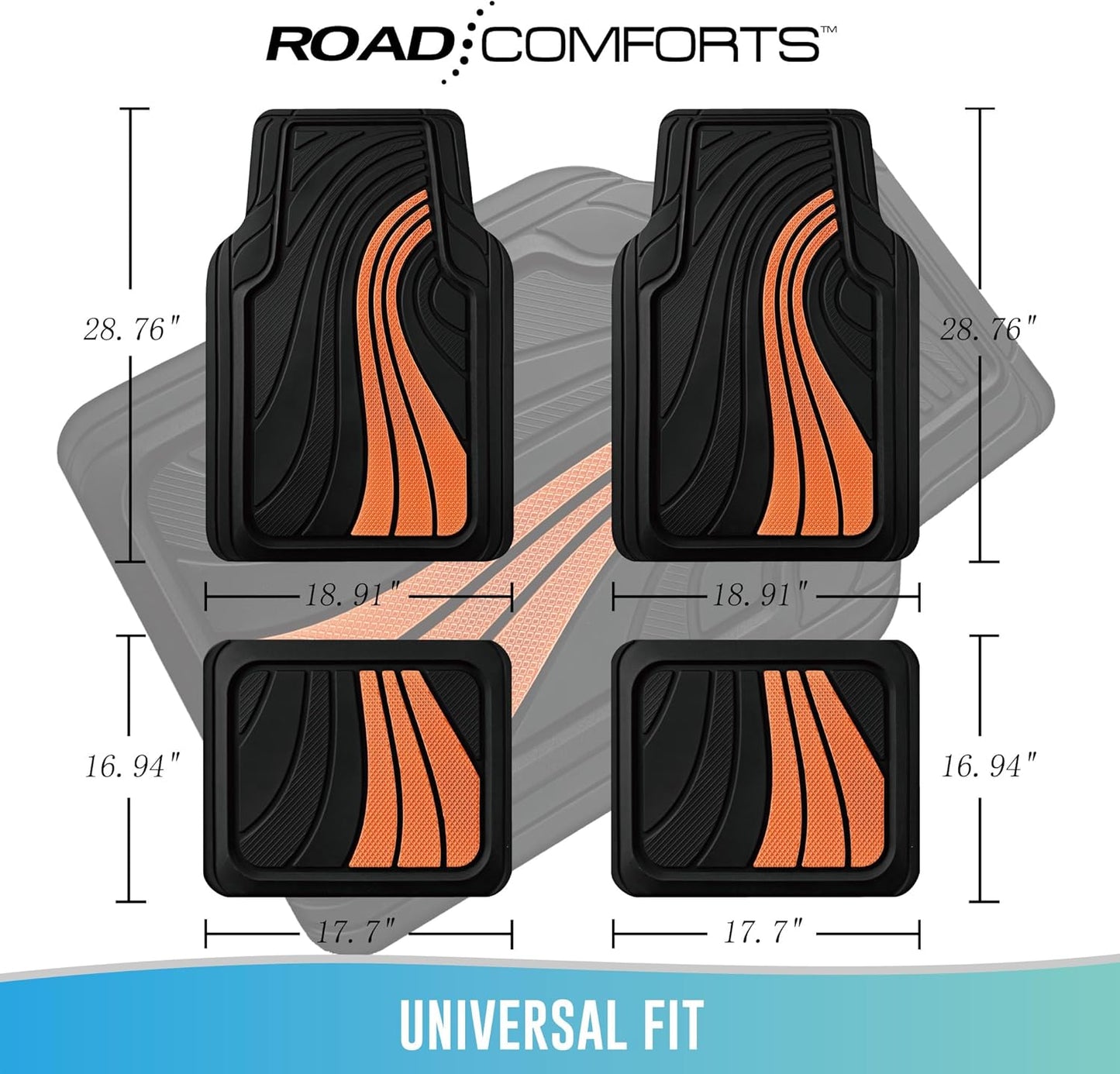 Road Comforts Car Floor Mats Full Set – Front & Rear Car Floor Mats with Aluminum Design, Anti-Slip Backing, All-Weather Protection, Trim-to-Fit Car Mats for Most Sedans, SUVs & Vans - Orange