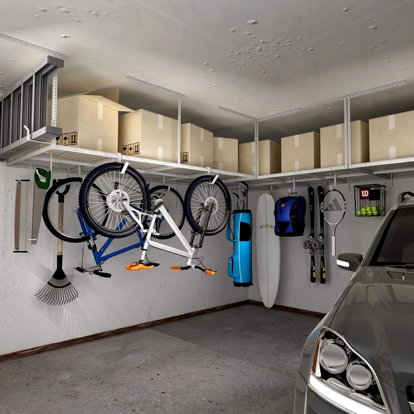 FLEXIMOUNTS 2-Piece Overhead Garage Storage Rack Set w/Hooks Adjustable Ceiling Storage Rack, 96" Length x 48" Width x 40" Height, 2 pcs, White