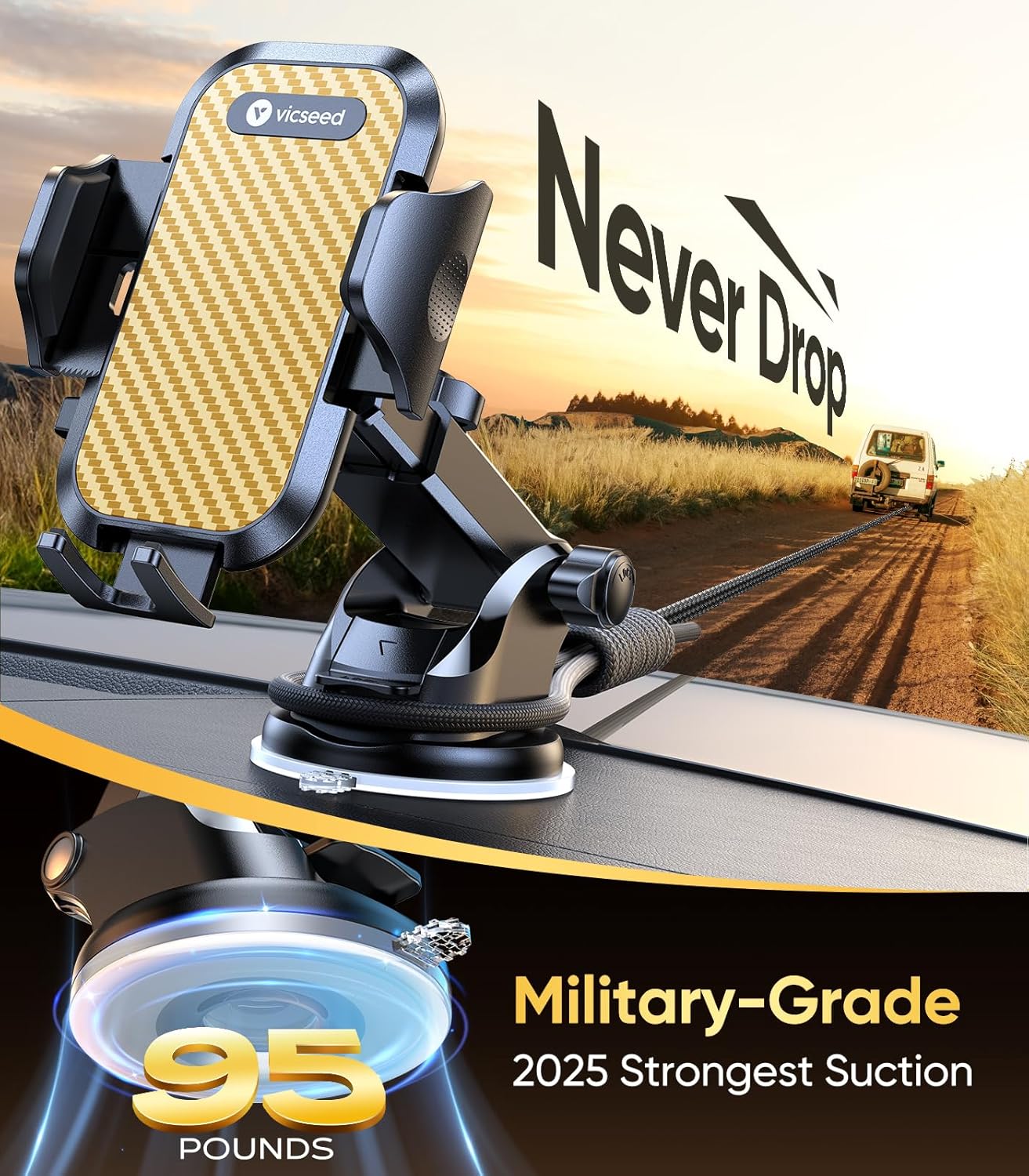 VICSEED Gold Phone Holders for Your Car, [True Military-Grade Strongest Suction Power], 3-in-1 Dashboard Windshield Vent, Truck Boat Stand Cell Phone Mount for iPhone Android All Phones