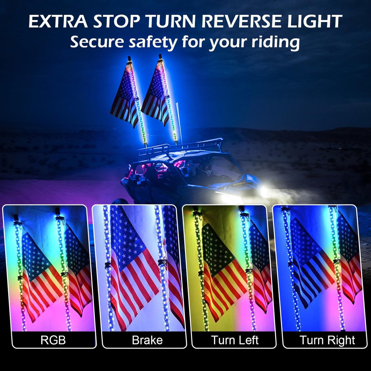 2PCS 3FT RGB LED Whip Light with Spring Base Remote App Control w/DIY Chasing Patterns Turn Signal & Brake Lights for ATV, UTV, Polaris, RZR, Can-am
