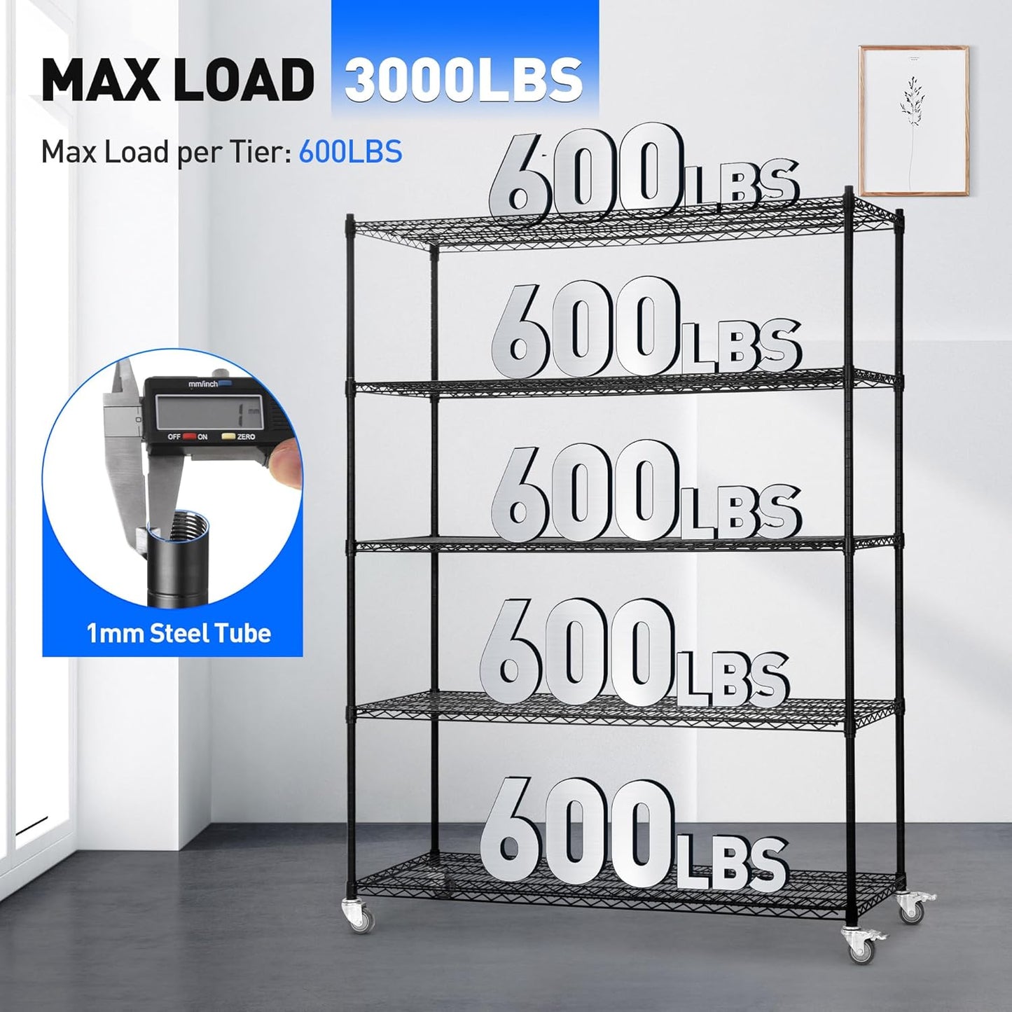 5 Tier Wire Shelf Shelving Unit, 60"x 24"x82" Metal Storage Shelves, Heavy Duty Garage Storage Shelves with Wheels, Chrome 3000LBS Capacity Wire Shelf Rack for Restaurant, Garage, Pantry, Kitchen