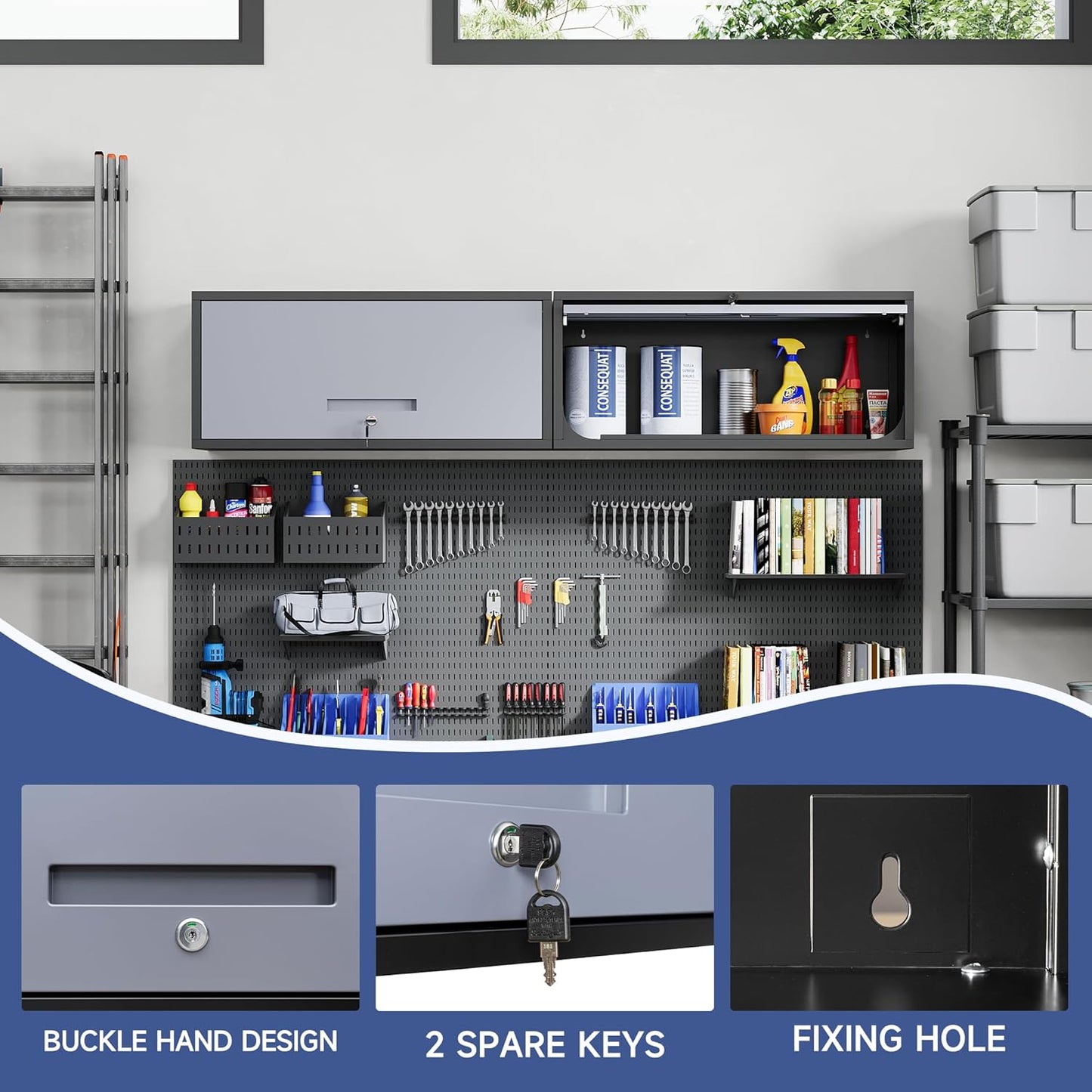 Metal Wall Storage Cabinet with Up-flip Door, Wall-Mounted Storage Cabinet for Garage, Warehouse, Home, Office, Assembly Required (Black Grey, One Cabinet), WC-0725