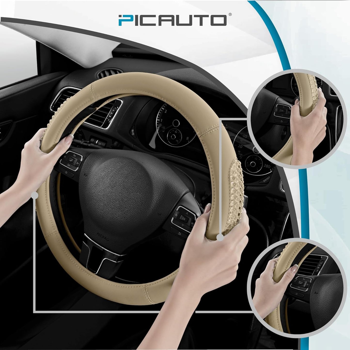 PIC AUTO Gel Particles Steering Wheel Cover, Beige Luxury Leather Car Steering Wheel Protector, Universal Fit 14.5"-15.5" Anti-Slip Car Interior Accessories for Girls & Women