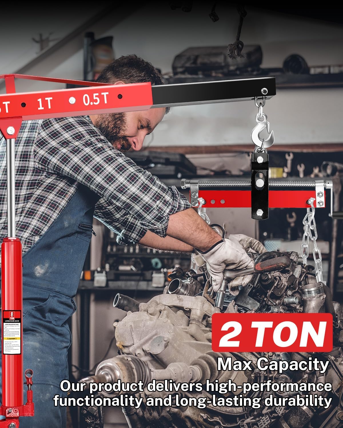 2-Ton Folding Engine Hoist with Lever, Hydraulic Shop Crane with 6 Swivel Wheels & Adjustable Boom (0.5T-2T), Heavy-Duty Cherry Picker for Garage, Workshop, Truck, Farm (Net Wt. 168 lbs)