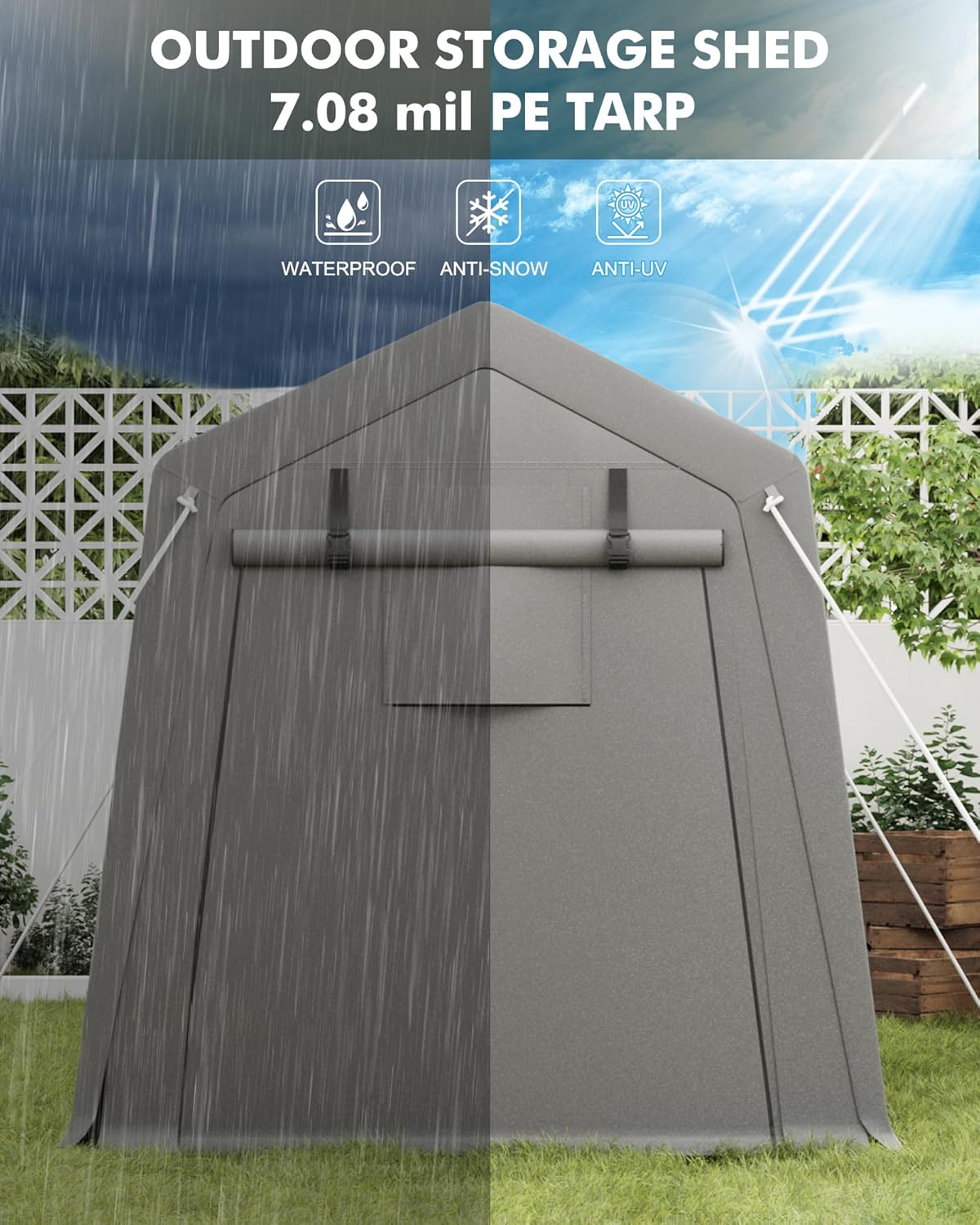 7 x 10 ft Carport Storage Shed, Portable Garage with Roll-up Zipper Door, Heavy Duty Waterproof Tarp, Storage for Motorcycle, Bike, Firewood, Garden Tools