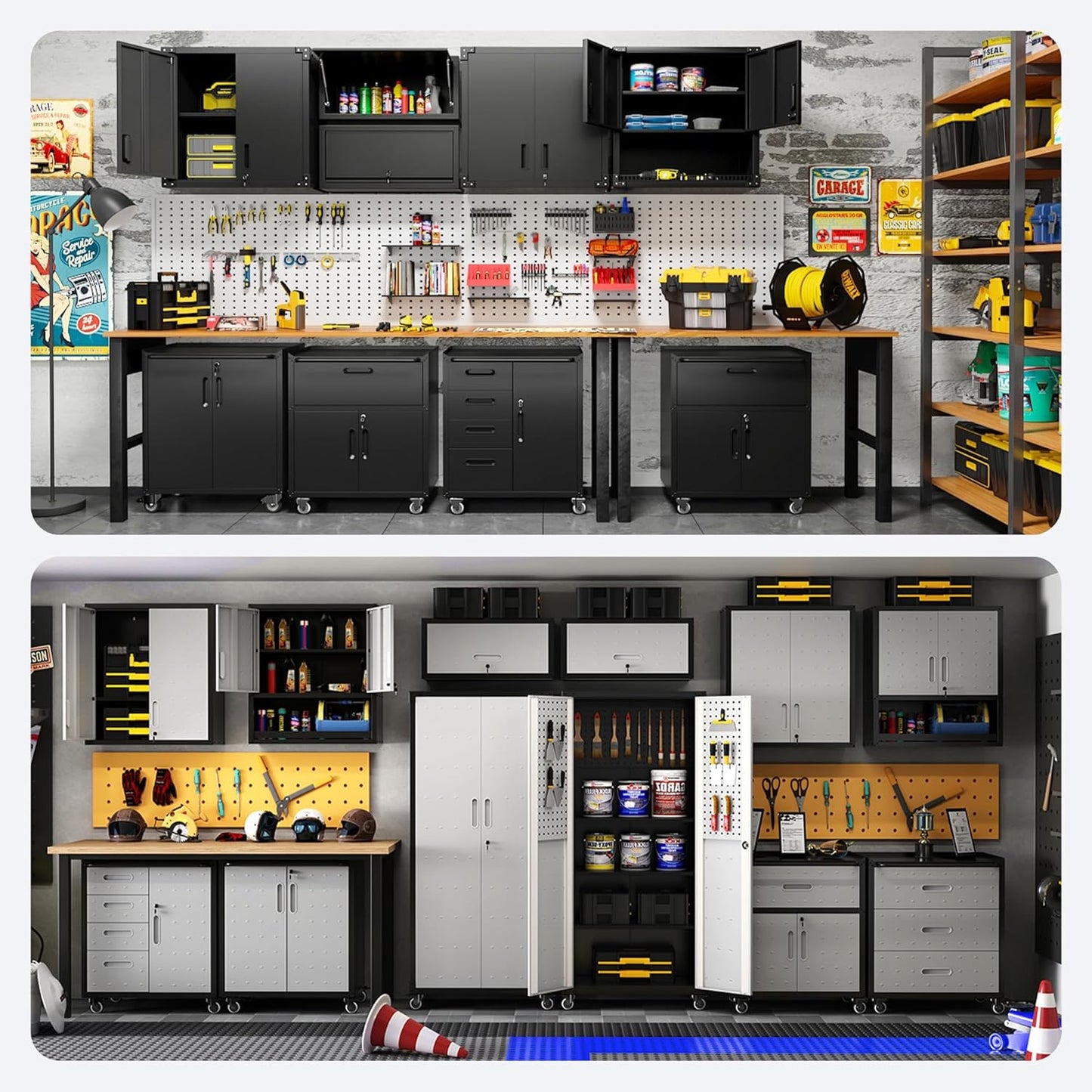 Metal Tool Cabinet,Garage Storage Cabinet System,Wall Cabinet & Locking Rolling Tool Cabinet with Doors and Adjustable Shelves,Steel Tool Cabinets for Home,Office (3 Pcs-StyleA, Black)
