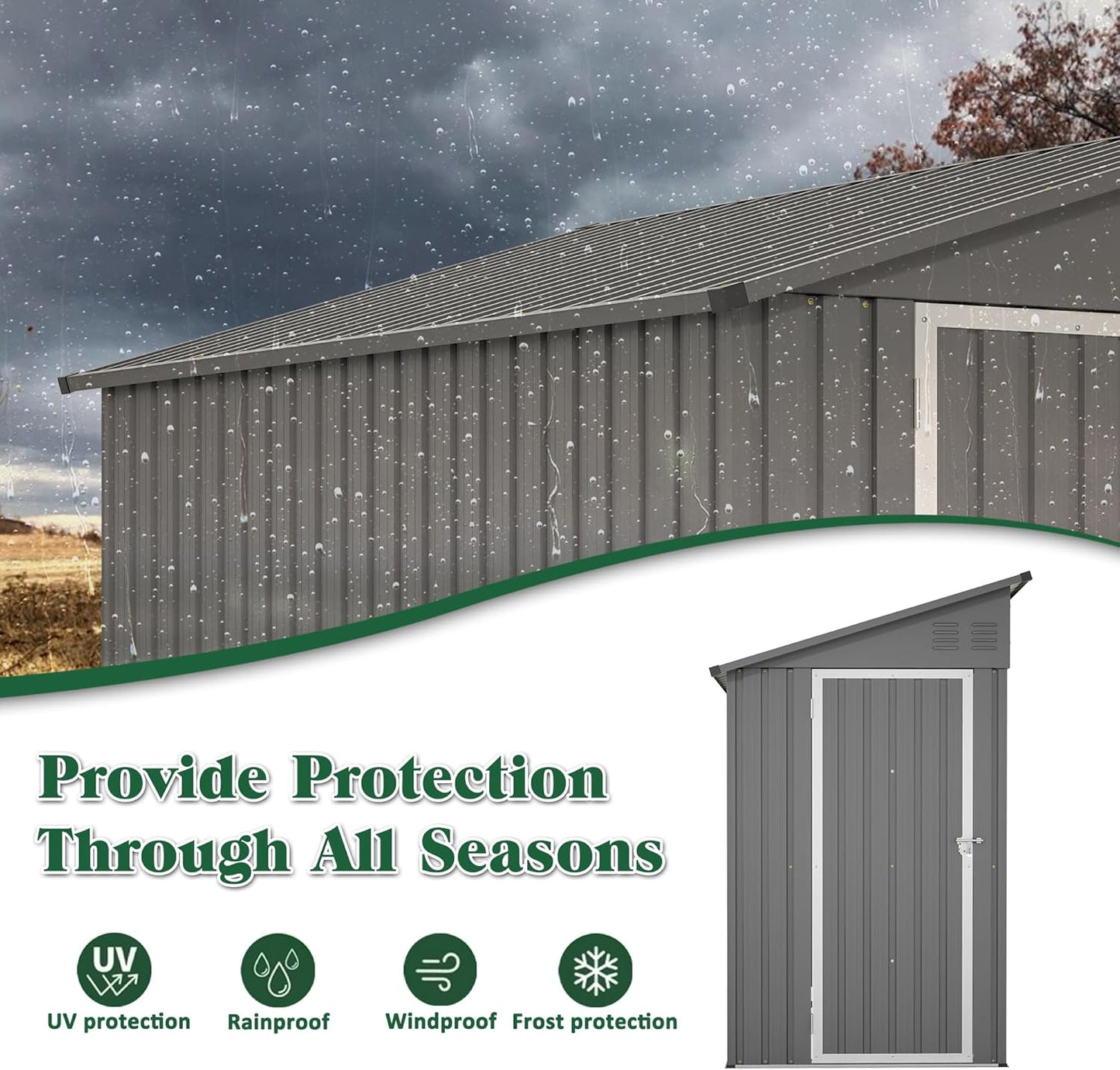 Storage Shed 4 * 8 FT Lean to Shed Metal Sheds & Outdoor Storage Cabinet Lockable Tool Organization Bike Mower Shed Portable Outside for Garden Patio, Grey