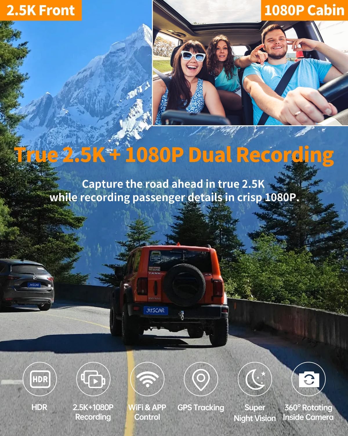 2.5K+1080P Dual Dash Cam Front and Inside, WiFi & GPS Dash Camera for Cars with 32G Card, IR Night Vision, 3" IPS Screen, Inside Car Camera for Taxi Driver, Support 256GB Max, App Control