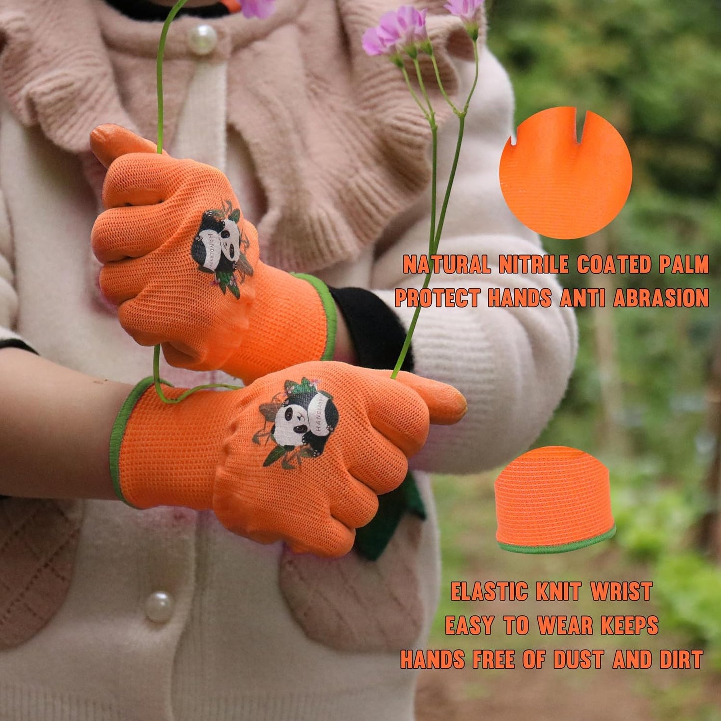 HANDLANDY 2 Pairs Kids Gardening Gloves, Toddler Children Garden Yard Work Outdoor Playing Gloves, Rubber Coating, for Girls Boys Youth (Size M, Orange)