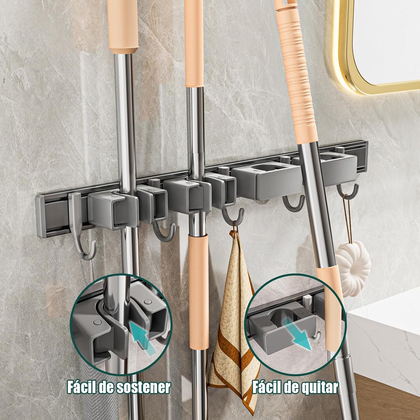 Broom Holder Wall Mount Movable Hooks and Clips Mop and Broom Hanger Wall Mounted Aluminum Garage Tool Organizer Storage adhesive (40cm, Grey)