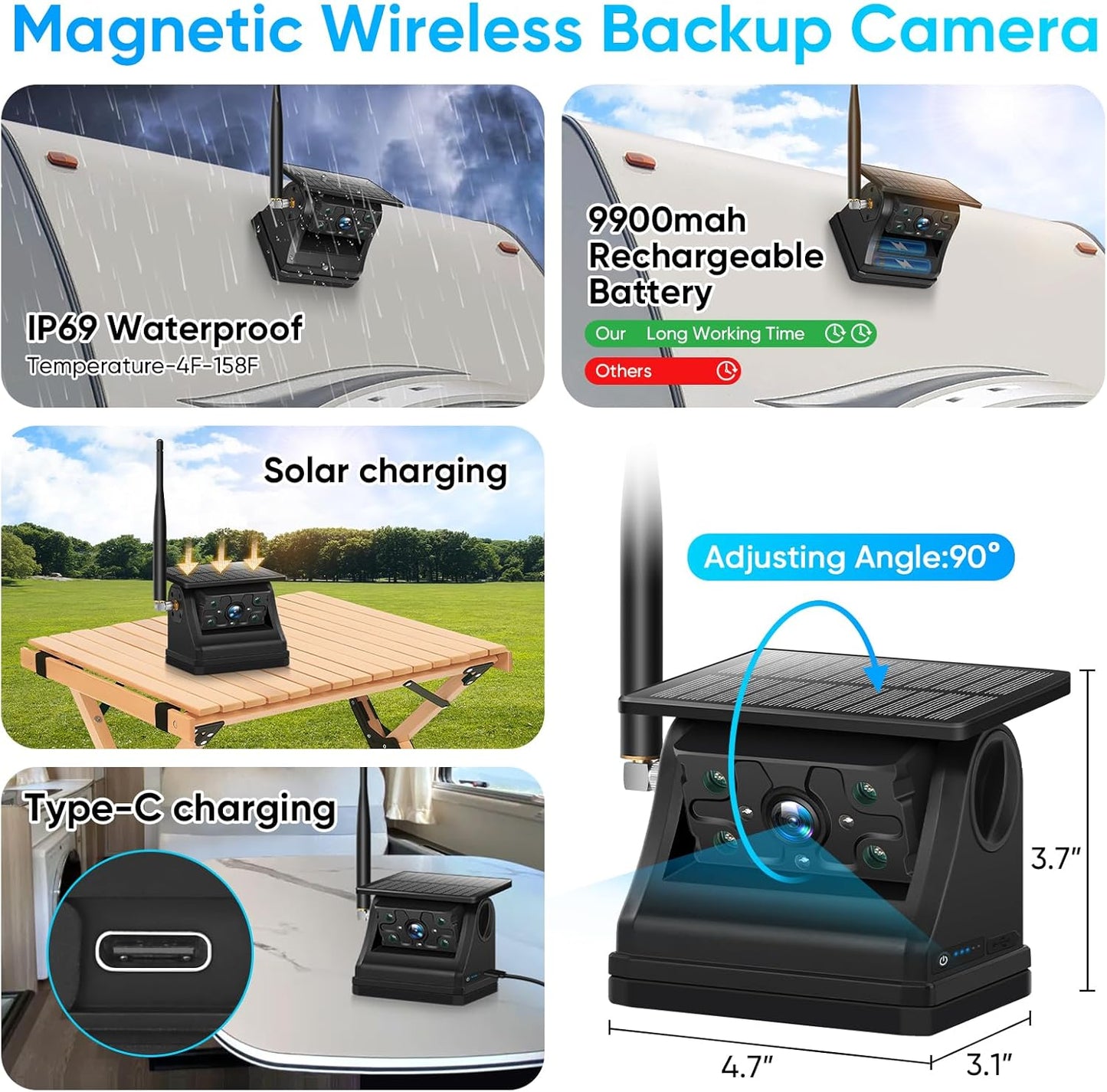 Solar Wireless Magnetic Backup Camera, 9900mAh Battery Powered Rechargeable IP69 Waterproof HD Back Up Rear View Remote Control Camera with 7 Inch 1080P Monitor System for Car Truck Trailer RV VN003