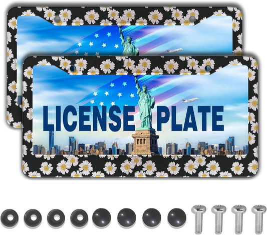 License Plate Protector Black and White License Plate Frames White Daisy Black Decorative Universal Aluminum Car Accessory 2 Pack with Screw Covers Set