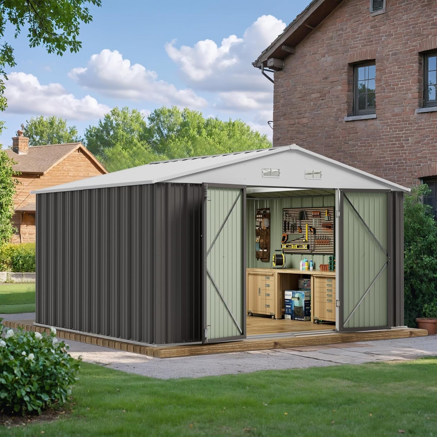 JUMMICO 8 x 10 FT Outdoor Storage Shed, Large Metal Garden Shed & Tool Sheds for Backyard Garden Patio Lawn (Grey)