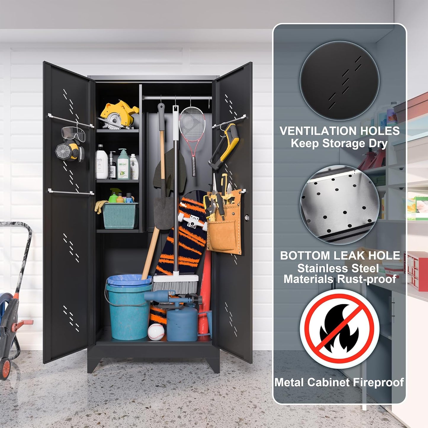 75" Taller Metal Garage Storage Cabinet,Tool Chest, Large Office Storage Cabinet with Lock Doors, Stainless Steel Bottom Plate with Holes,Utility Room Organization(H75* D16.53*L33.85)(Black)