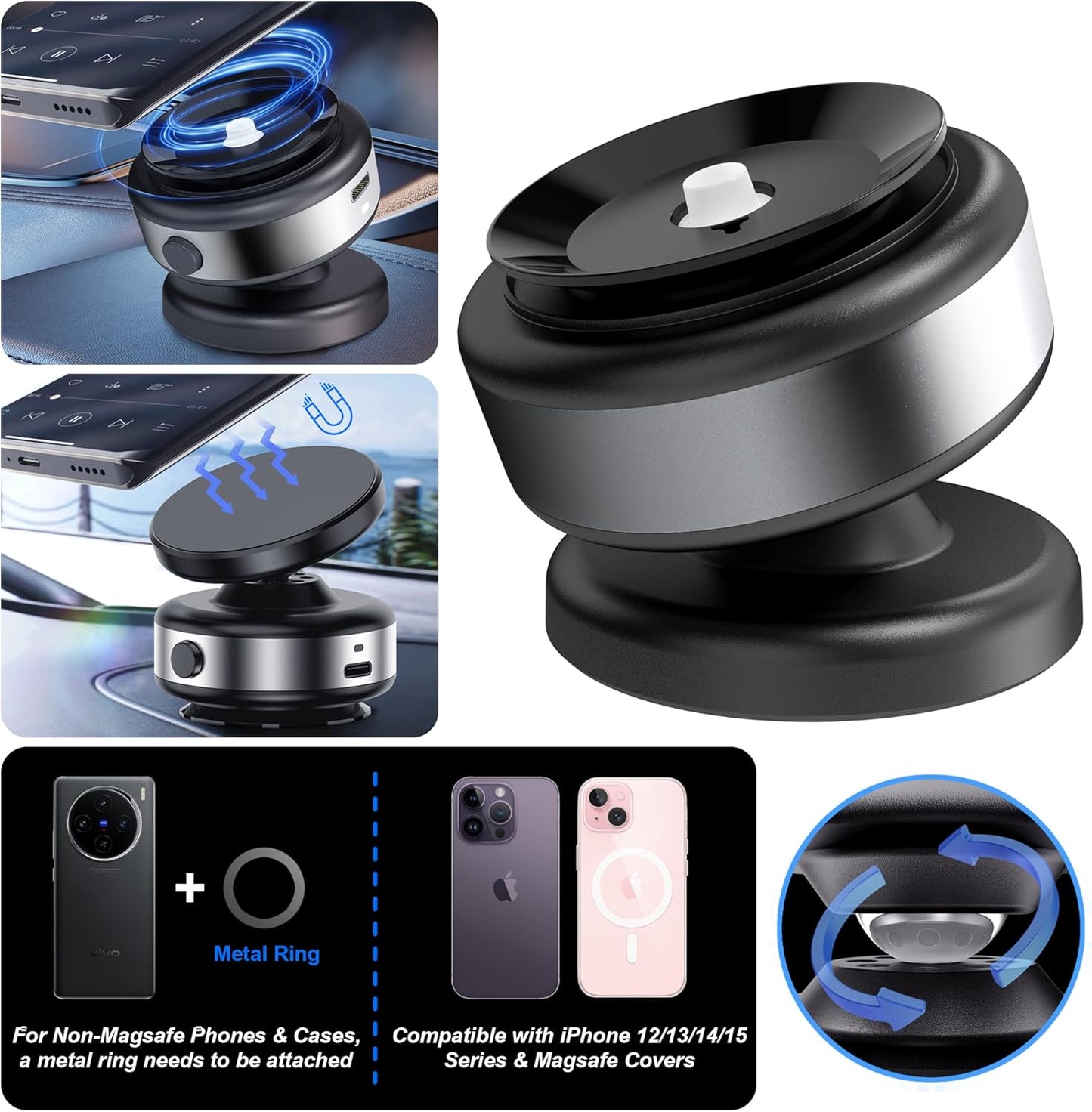 Fostex Vacuum Magnetic Phone Holder Magnet,360 Adjustable Rotatable Magnetic Mount,Electric Vacuum Magnetic Phone Holder,Hands-Free Phone Holders for Your Car iPhone 16/15/14/13/12