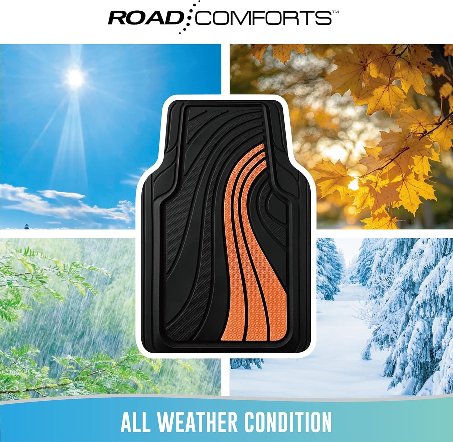 Road Comforts Car Floor Mats Full Set – Front & Rear Car Floor Mats with Aluminum Design, Anti-Slip Backing, All-Weather Protection, Trim-to-Fit Car Mats for Most Sedans, SUVs & Vans - Orange