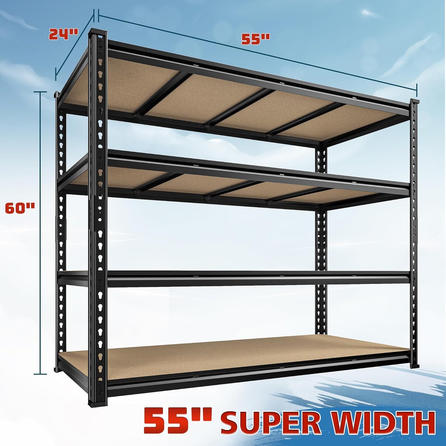 55" W Storage Shelves, 2040LBS Garage Shelving Heavy Duty, 4-Tier Heavy Duty Shelving, Adjustable Metal Shelving Unit for Garage, Warehouse, Pantry, Kitchen, 55" W × 24" D × 60" H, Black