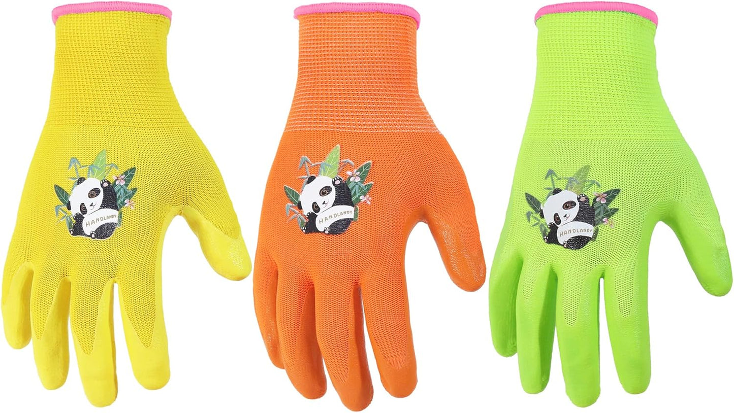 HANDLANDY 3 Pairs Kids Gardening Gloves Latex Free, Nitrile Coated Children Toddler Garden Yard Outdoor Playing Gloves for Little Girls Boys (Size S)