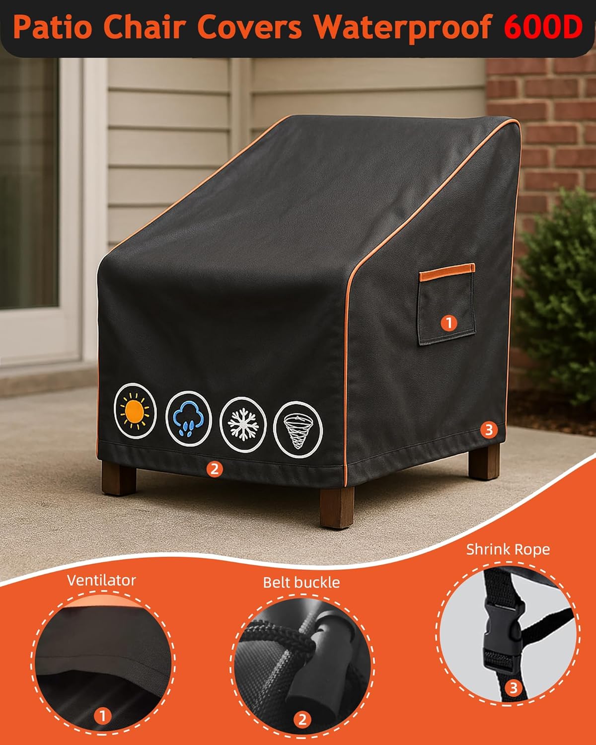 Outdoor Waterproof Patio Chair Covers, Heavy Duty Oxford Coating Weather Resistant Patio Furniture Covers 600D 27.5W x 35.5D x 36H inches 2-Pack, Black