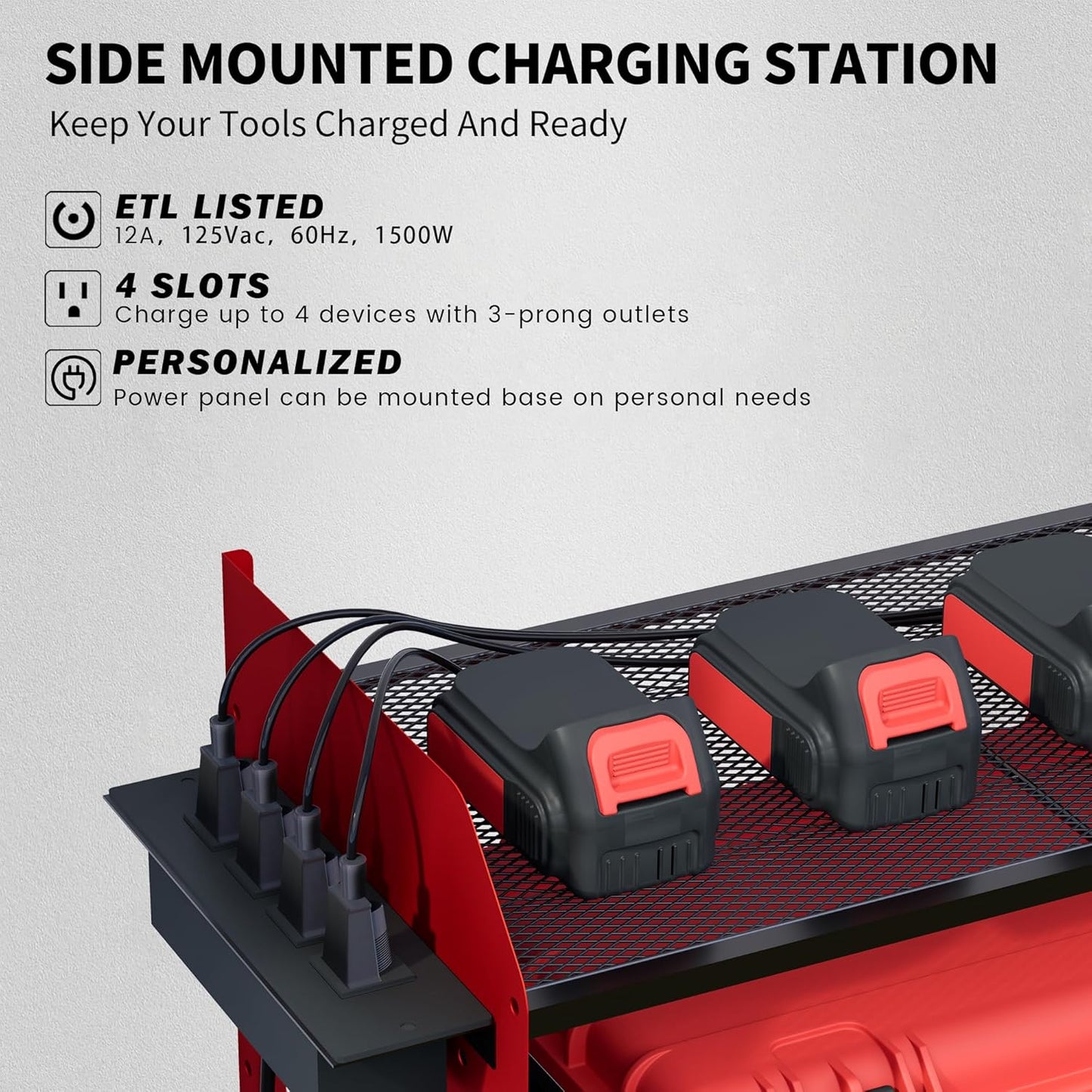 Power Tool Organizer Wall Mount – Adjustable Shelf, Side-Mounted 4-Outlet Charging Station | Heavy Duty Steel Drill Holder with Pegboards, Hooks & Drill Bit Rack for Garage & Workshop Storage(Red)