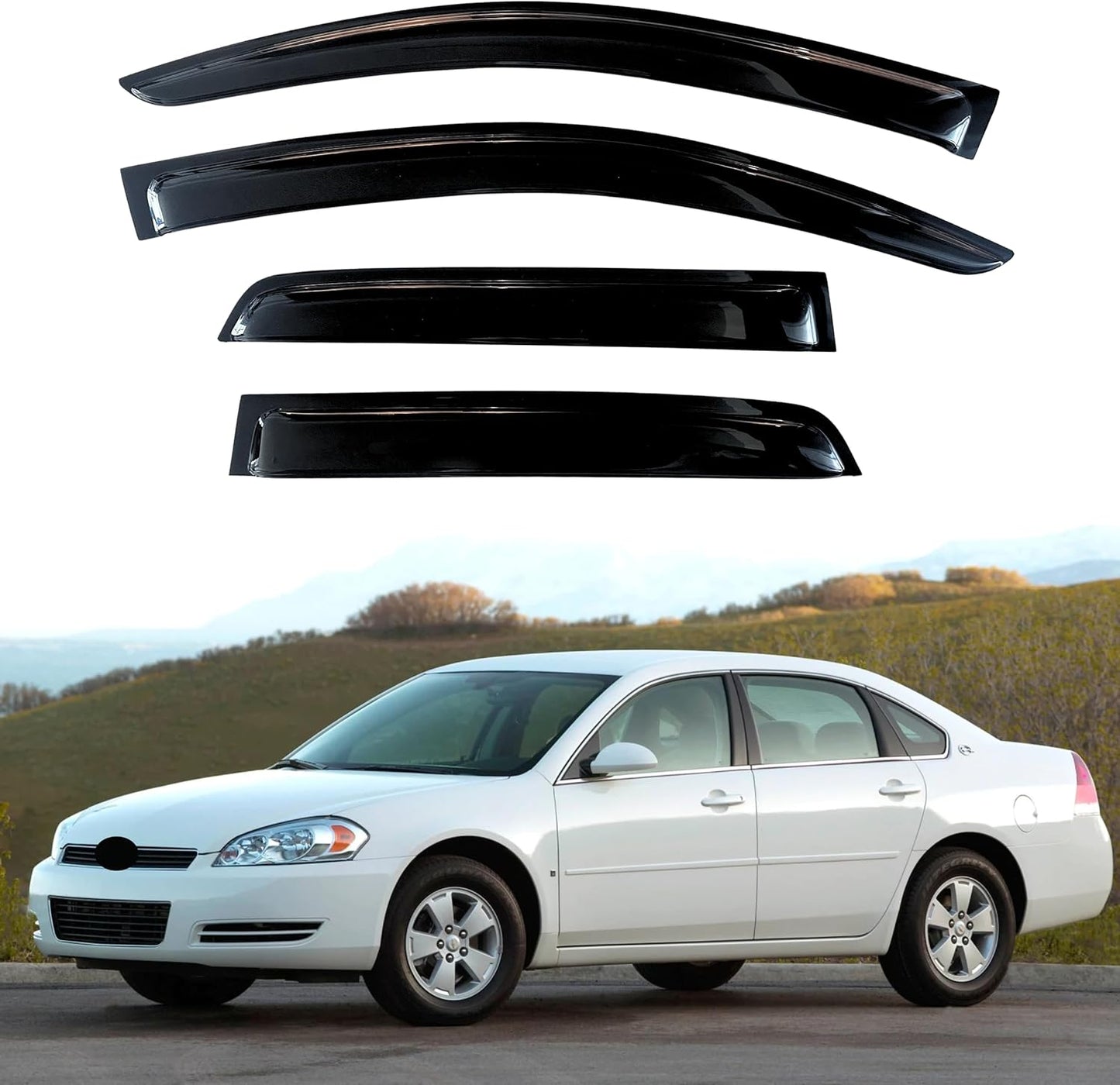KPY Window Visor Compatible with Chevrolet Chevy Impala 2006-2013 & Impala Limited 2014-2016, 4PC Rain Guard Side Vent Deflectors Tape-On Style, 2006 2007 2008 2009 2010 2011 2012 2013 2014 2015 2016