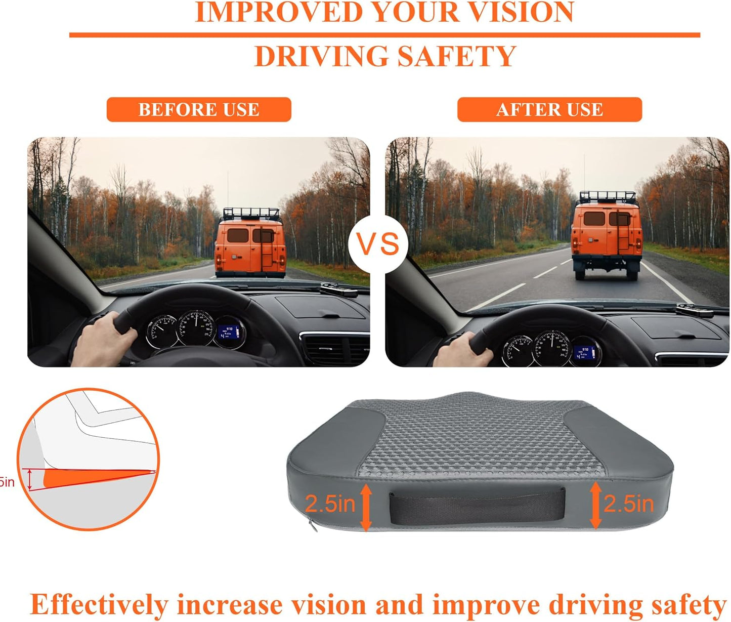 kingphenix Premium Car Seat Cushion, Memory Foam Driver Seat Cushion to Improve Driving View- Coccyx & Lower Back Pain Relief- Seat Cushion for Car, Truck, Office Chair (Dark Gray Mesh Cloth)