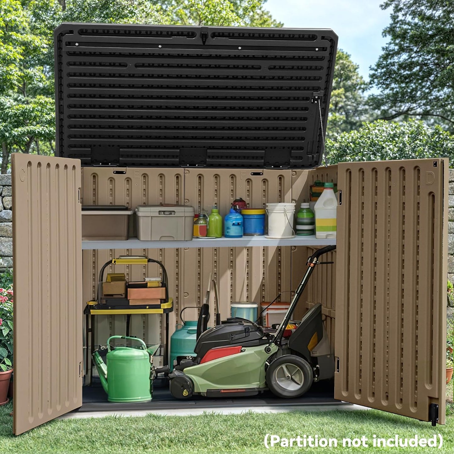 YITAHOME Extra Large Outdoor Horizontal Storage Shed, 4.5x4ft Resin Tool Sheds w/o Shelf, Easy to Assemble Waterproof Storage for Trash Cans, Garden Tools, Lawn Mower, Lockable, Brown