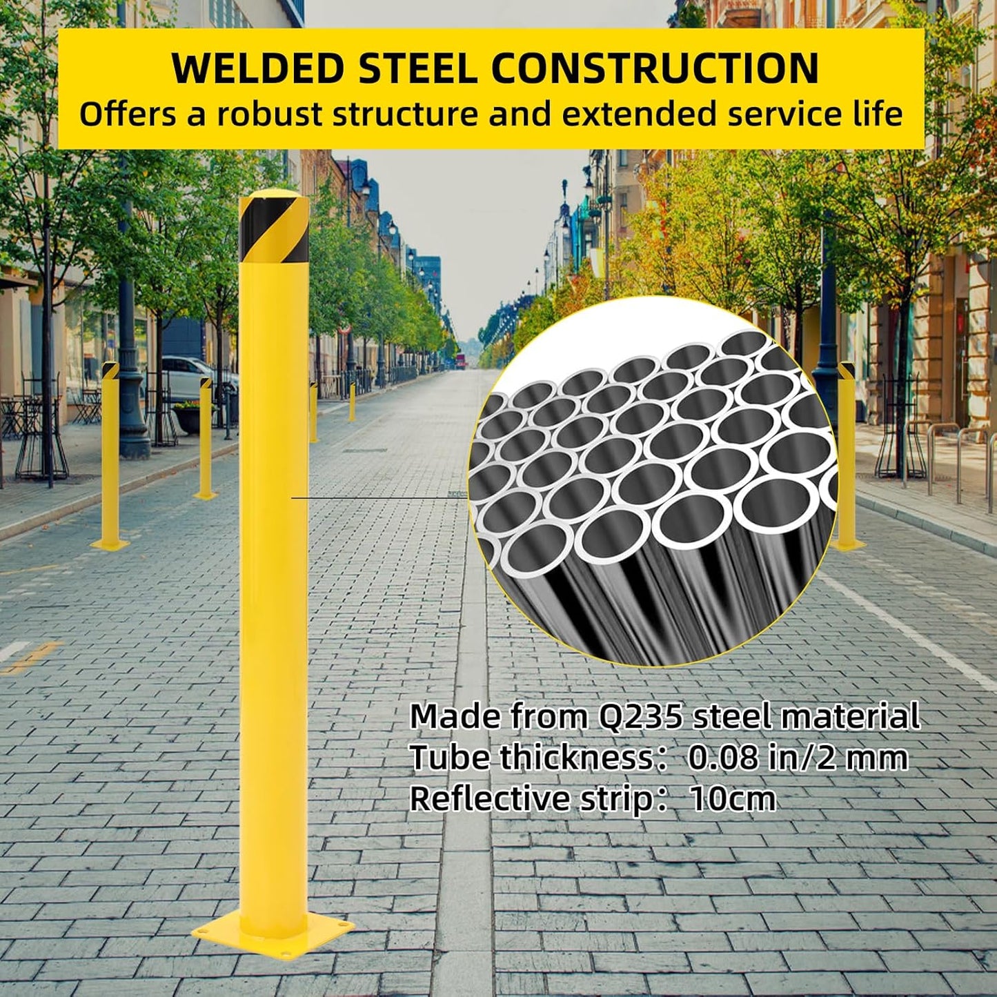 Safety Bollard 4 Packs, 42 Inch Height Steel Bollard Post for Parking Lot, 4.5 Inch Diameter Pipe, Yellow Safety Bollard Post with 16 Anchor Bolts, Ideal for Traffic-Sensitive Areas, Driveway Barrier