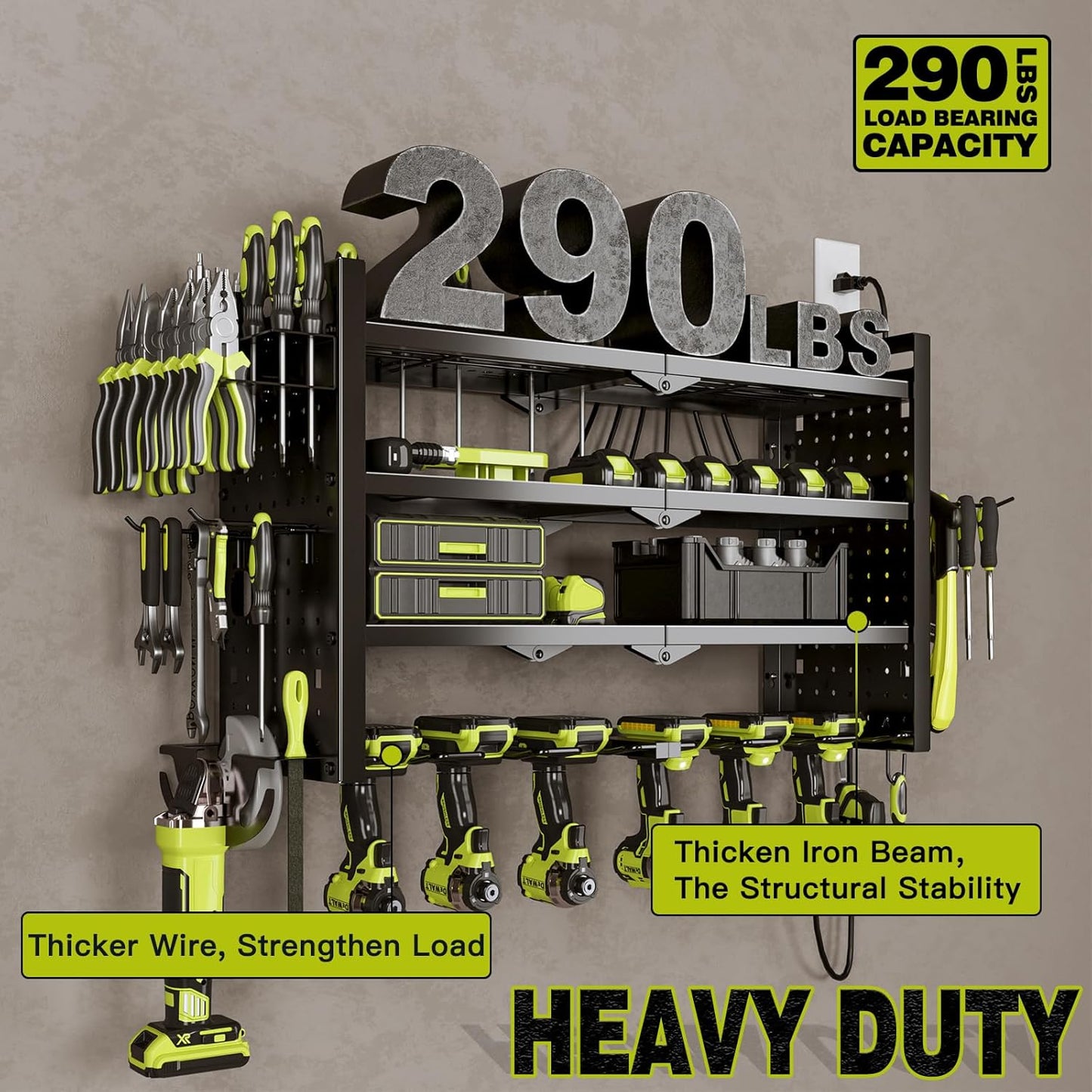 Power Tool Organizer Wall Mount with Charging Station 4 Layer 6 Slot Cordless Drill Holder with Angle Grinder Holder (Black)