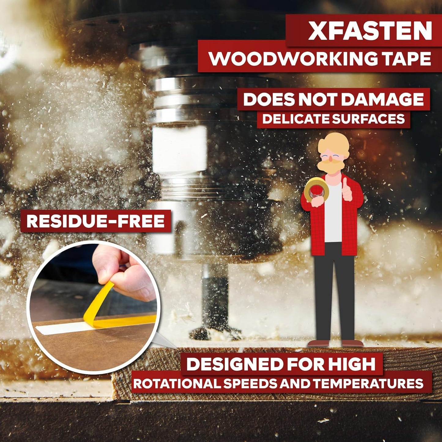 XFasten Double Sided Woodworking Tape 3 Inches x 90 Feet, Residue-Free and Removable Double Sided Wood Mounting Boards Tape for Wood Template, Metal, MDF Edge Banding, Routing, Anchoring