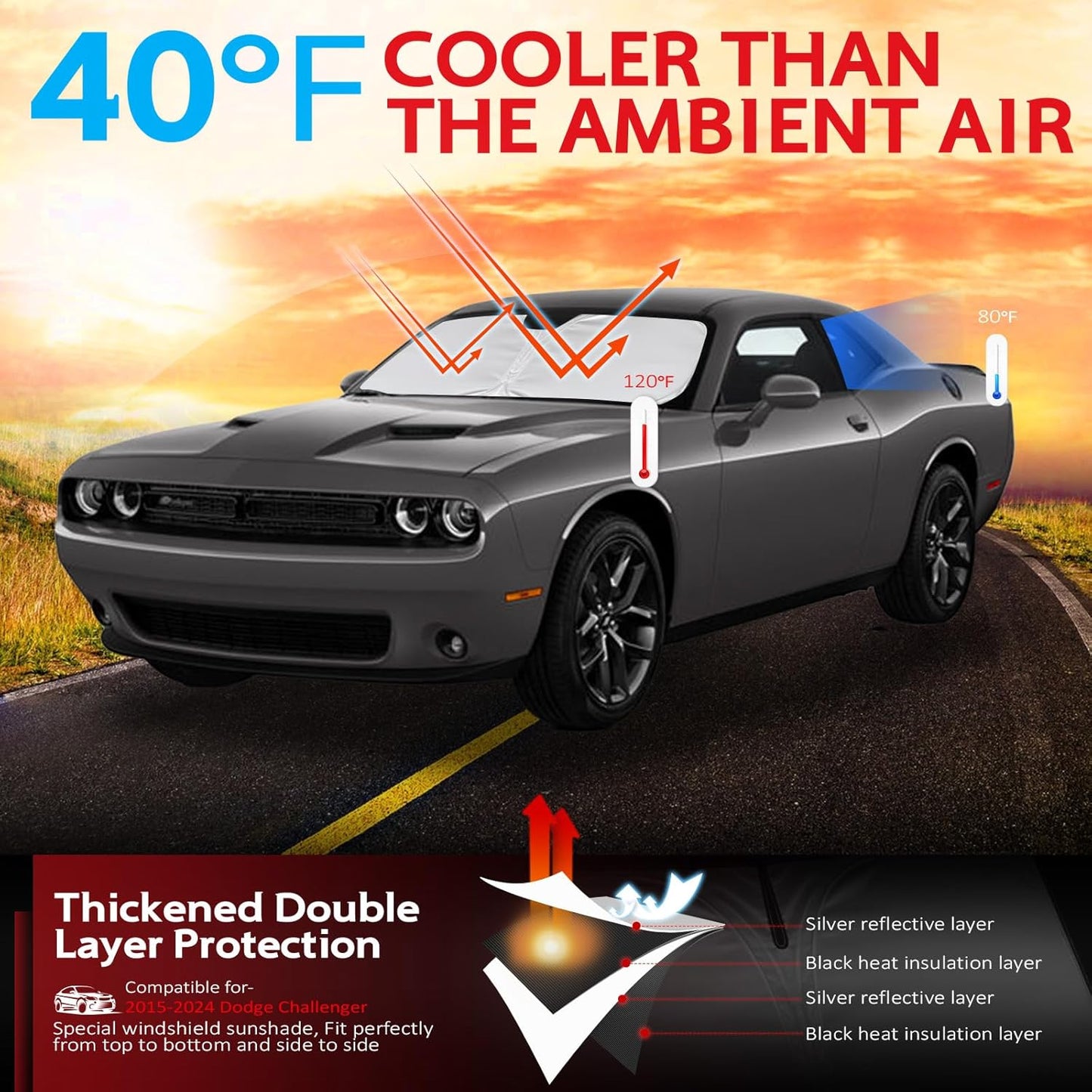 KAYZT Windshield Sun Shade for 2015-2024 Dodge Challenger Foldable Sunshade Front Window Custom Fit Car Accessories