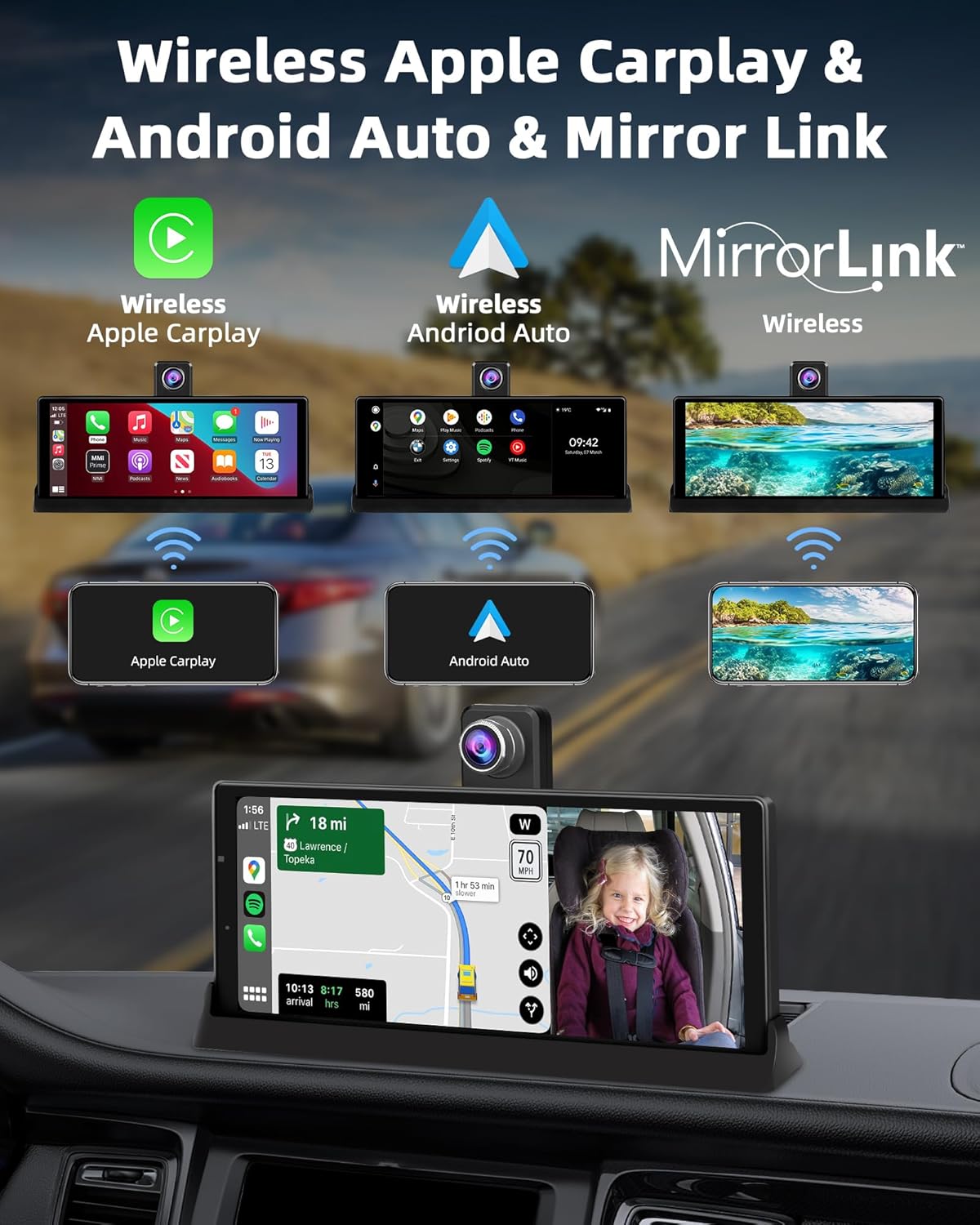 【350° Rotatable Lens】10.26''Wireless Apple CarPlay Screen for Car & 4K Dash Cam Portable Android Auto Car Stereo, Car Audio Receivers 1080P Backup Camera, Bluetooth/GPS Navigation/AirPlay/Googel/Siri
