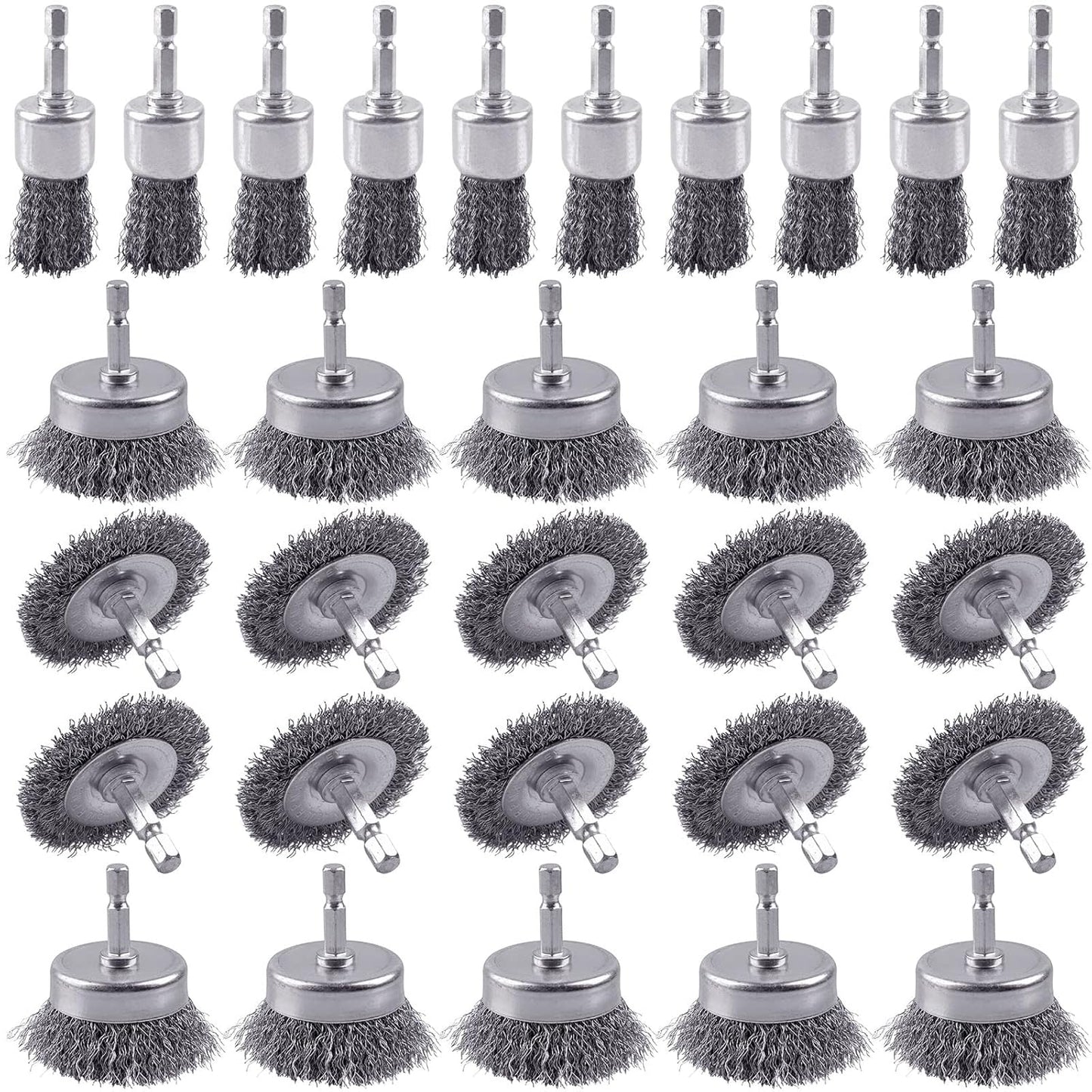 30 Pack Carbon Steel Wire Wheel Brush, Rocaris Cup Brush, Wheel Brush, Pen Brush Set with 1/4-Inch Hex Shank for Rust Removal, Corrosion and Scrub Surfaces