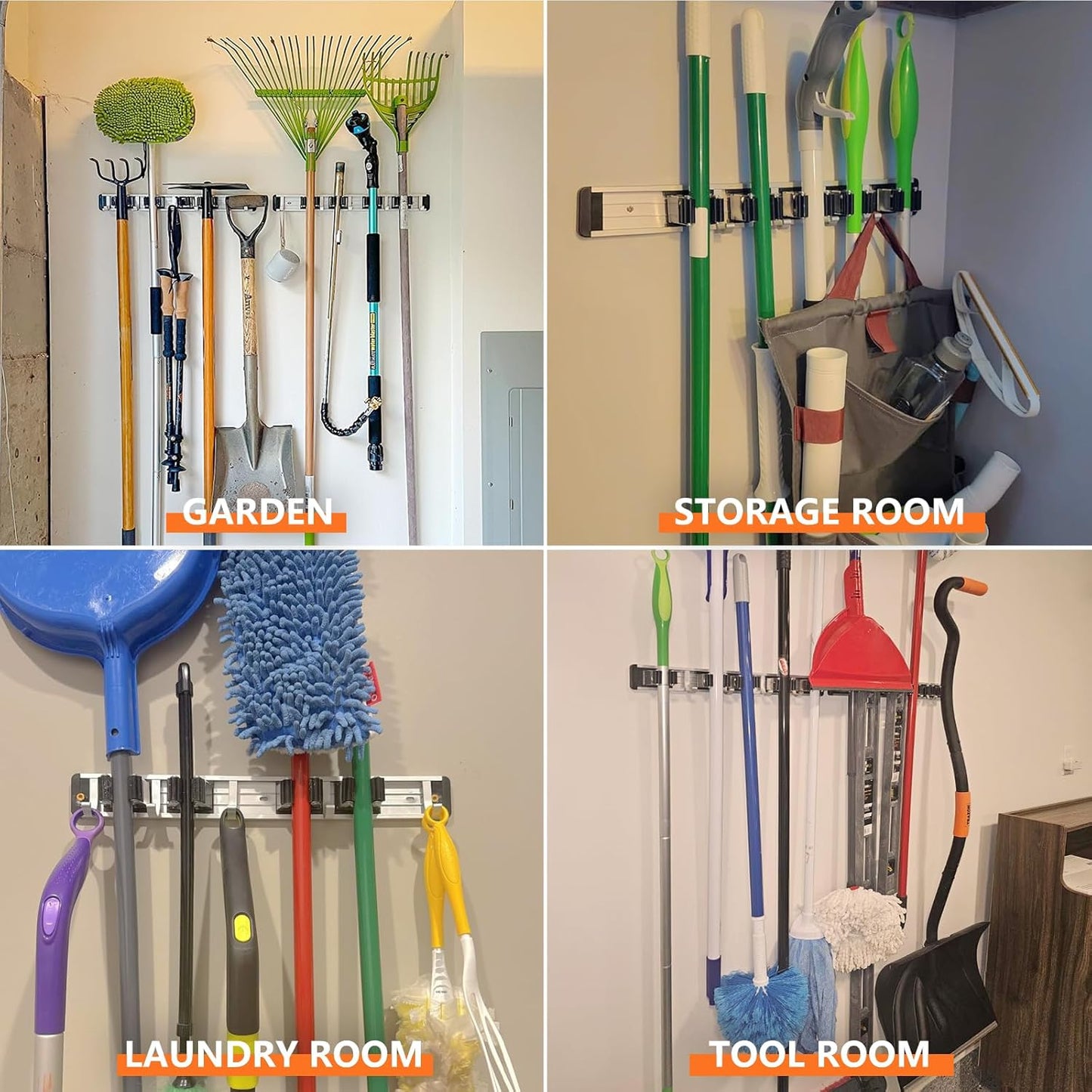 Broom Holder Wall Mount Mop and Broom Hanger Wall Mounted Garage Storage Rack Kitchen Garden Tool Organizer (4 Racks with 5 Hooks, Black)