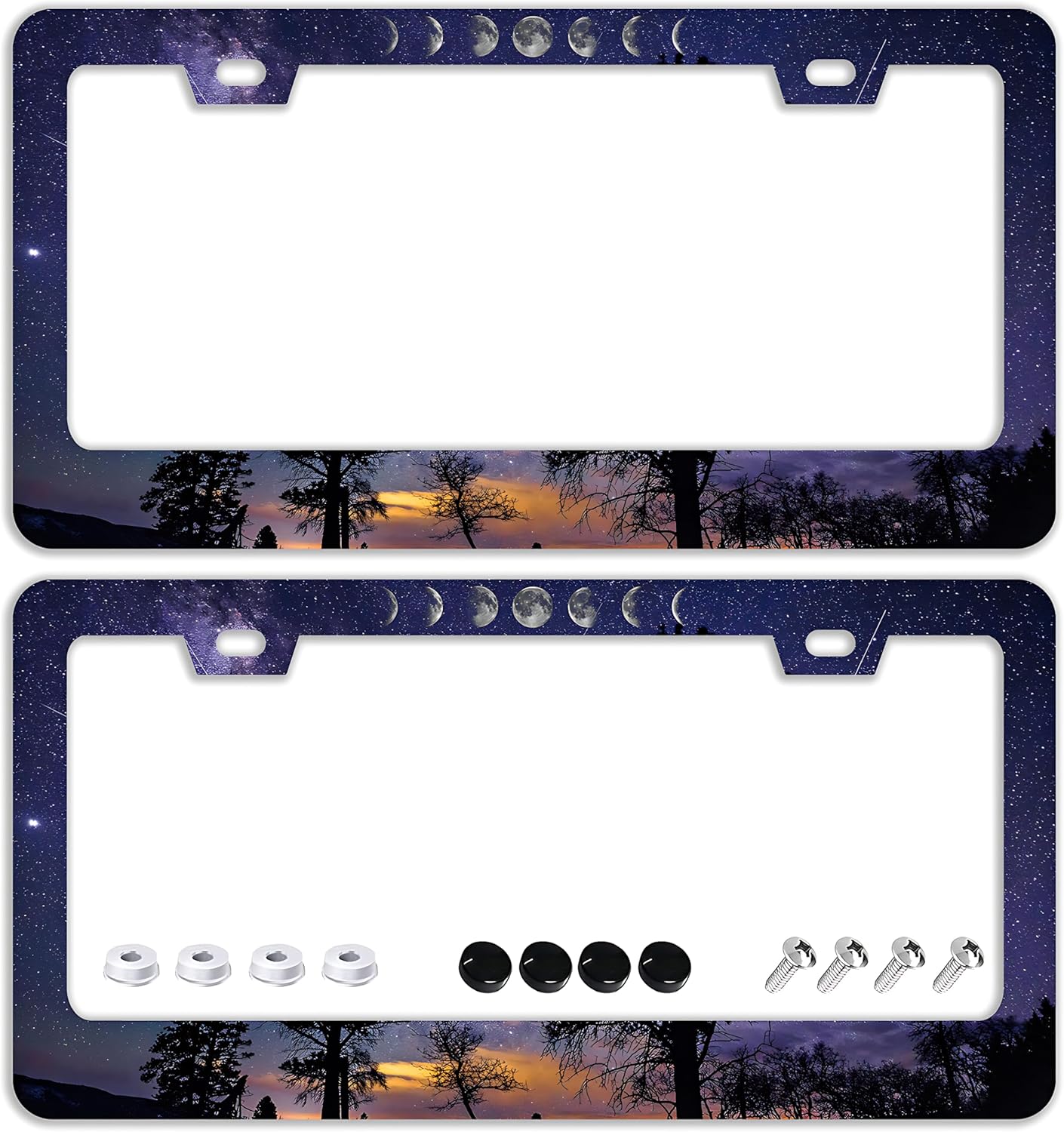 Starry Sky Moon License Plate Frames - 2 Pcs Set 2 Holes Stainless Steel Metal Novelty Auto Car Accessories Decoration License Plate Frame Cover Size 6.3" x 12.2" Fit US Vehicles for Women Men Gift