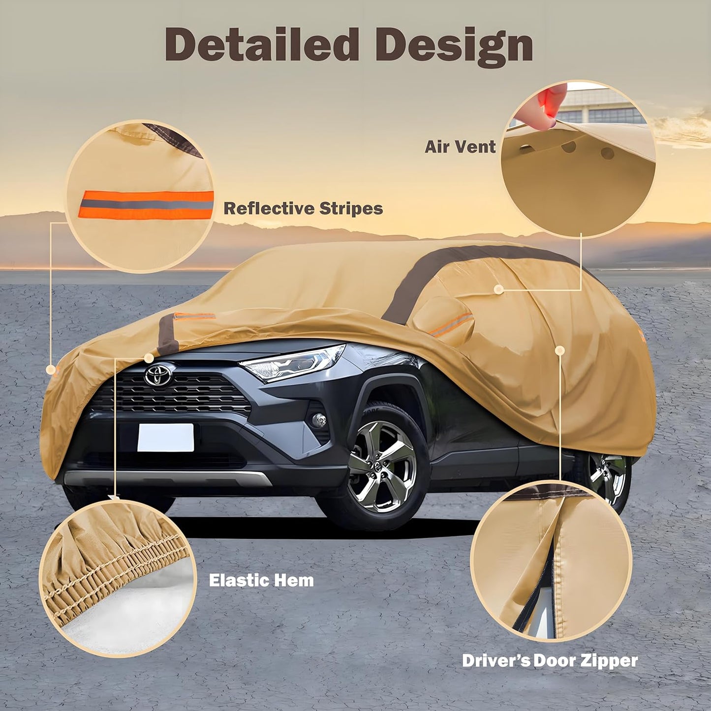 RAV4 Car Cover Waterproof All Weather Compatible with Toyota RAV4(2006-2024), Outdoor Anti-UV Sun Rain Protection Full Exterior Cover (Camel with Brown)