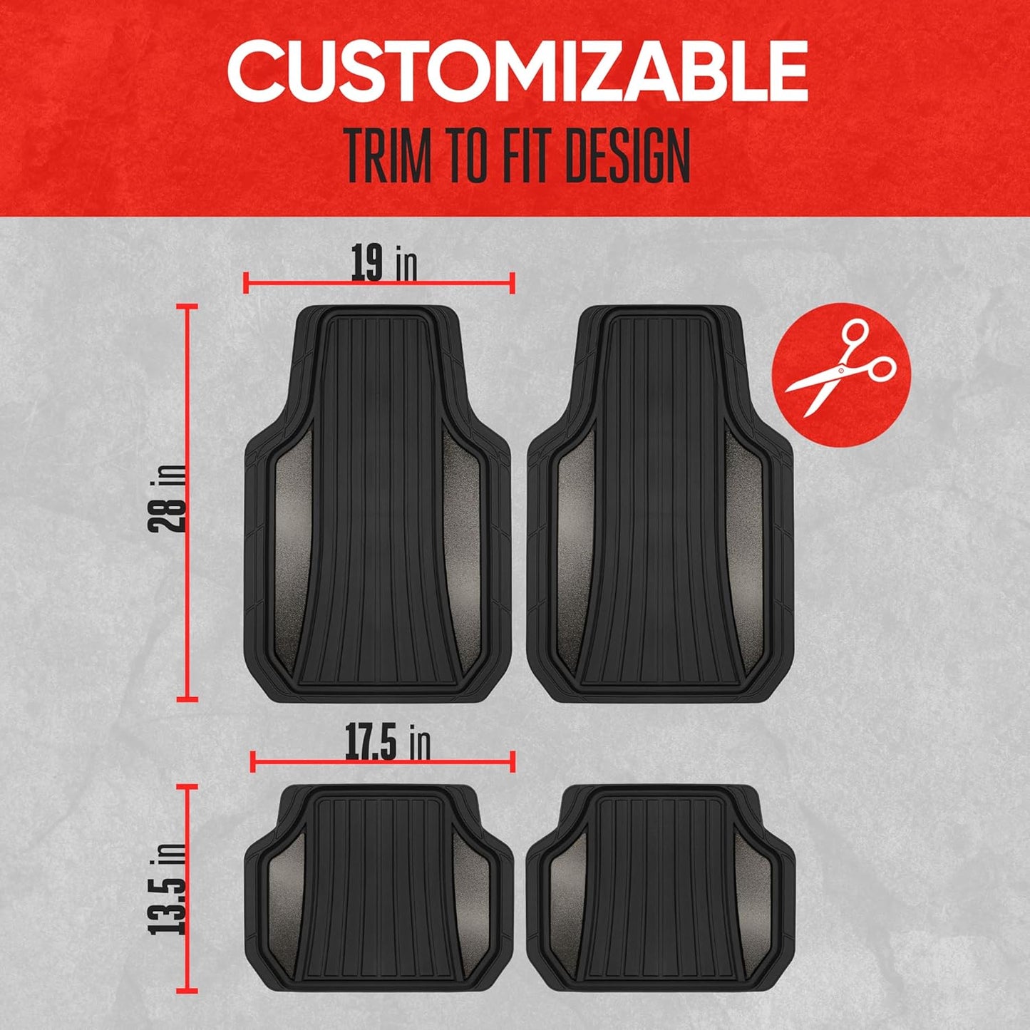 Motor Trend ChromeTech Car Floor Mats Full Set - Durable Rubber Floor Mats for Cars with Two Tone Accent, All Weather Interior Protection for Front and Rear with Non-Slip Backing, Gunmetal Chrome