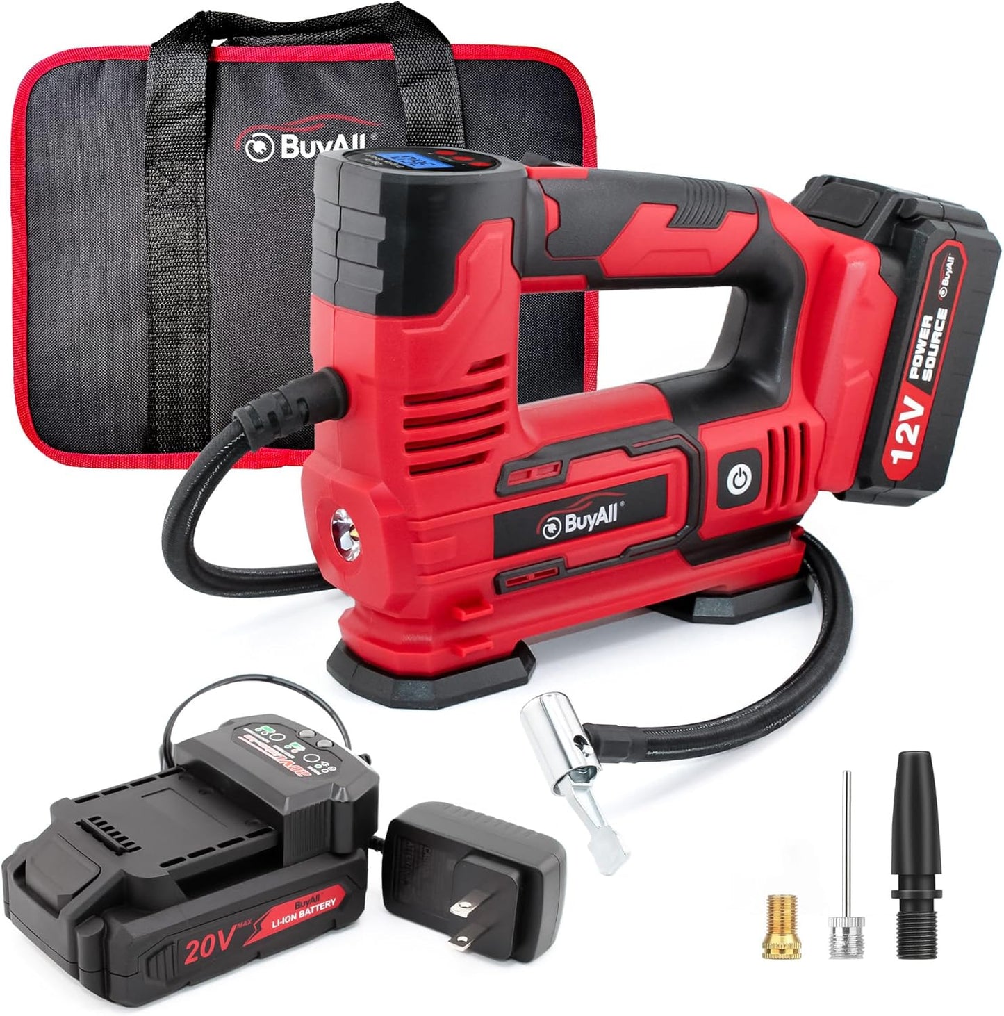 Tire Inflator Portable Air Compressor, 20V Cordless Car Tire Pump w/Rechargeable Li-ion Battery, 12V Car Power Adapter, Digital Pressure Gauge, 150PSI Tire Compressor for Many Inflatables