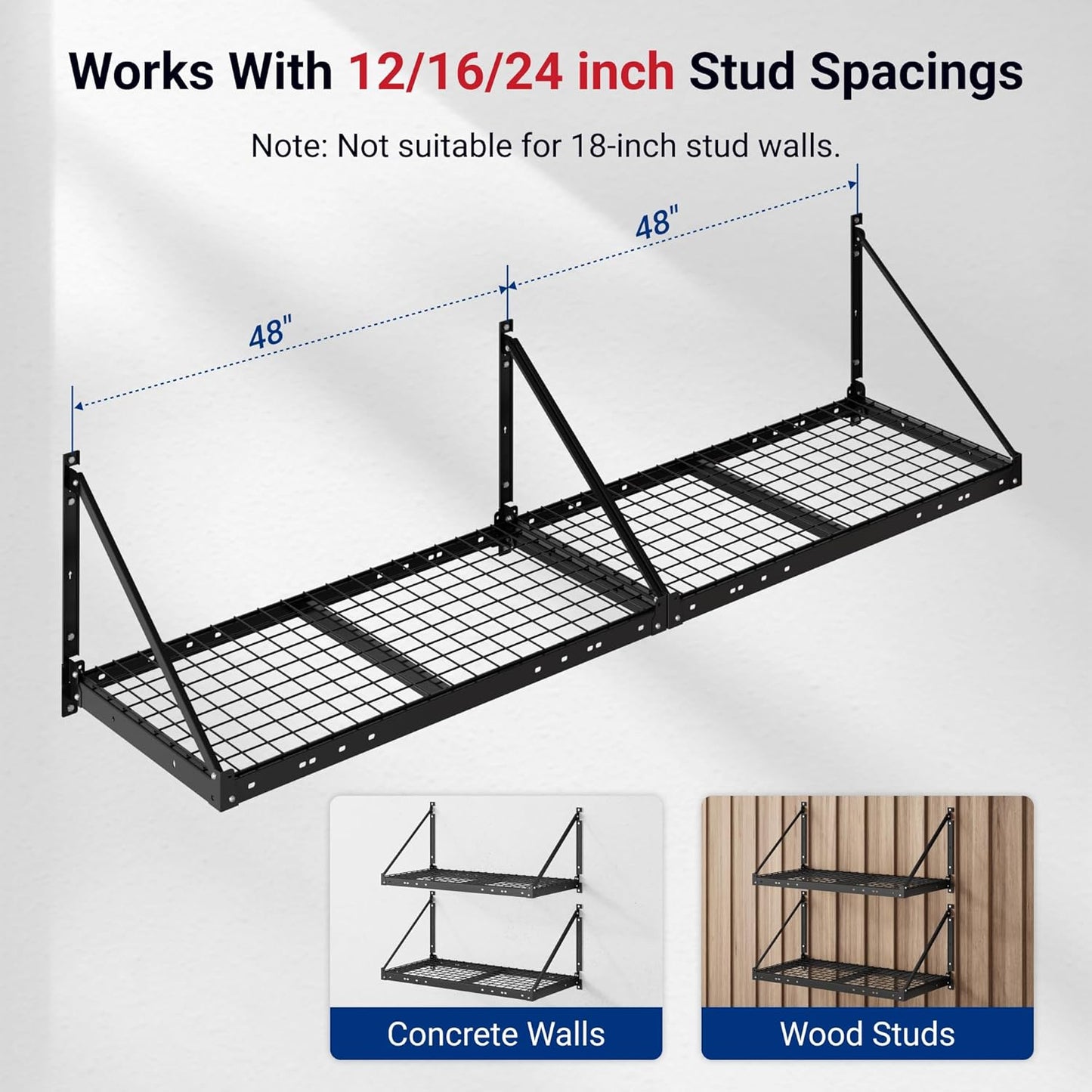 FLEXIMOUNTS 2-Pack 2x4ft Garage Wall Shelving with 4 Hooks - Heavy Duty Garage Storage System, 440 lbs Load Capacity with Brace Guardrail, Wall Mounted Organization for Bikes, Tools, Bins