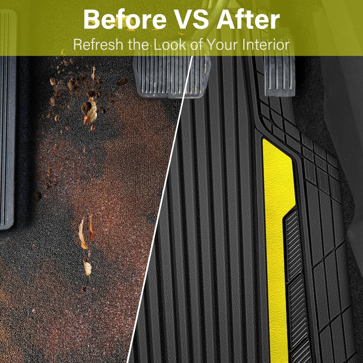 CAR PASS Yellow Car Mats Metallic, Aluminum Film All Weather Rubber Lemon Yellow car Floor Mats Waterproof Universal Trim to Fit SUV Sedan Van Truck 4 Piece Deep Dish Heavy Sporty Black Yellow Chrome