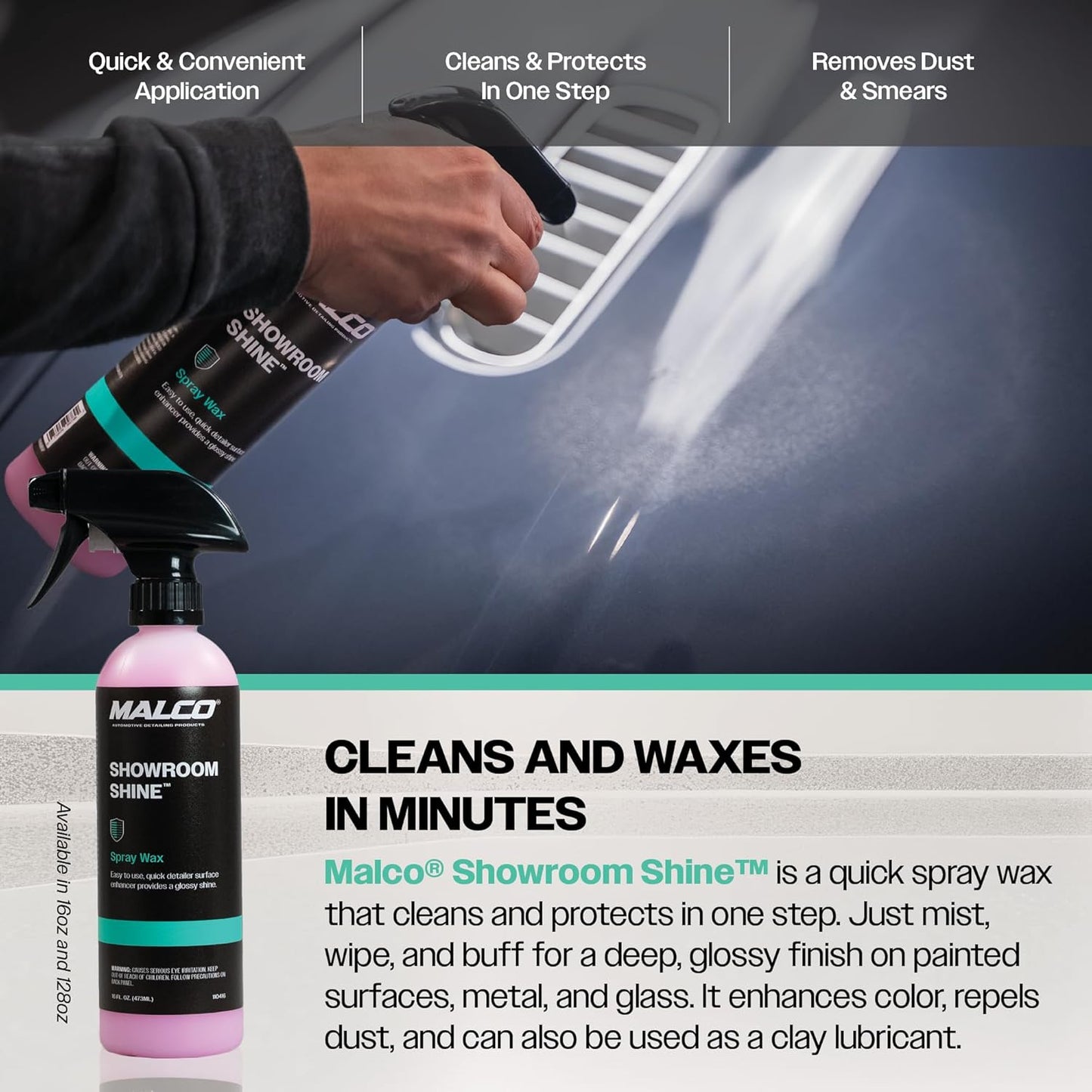 Malco Showroom Shine Spray Car Wax – Best Car Wax Spray for Professional Finish/Easy to Use Instant Detailer/Cleans and Waxes Painted Surfaces, Metal and Glass / 16oz. (110416)