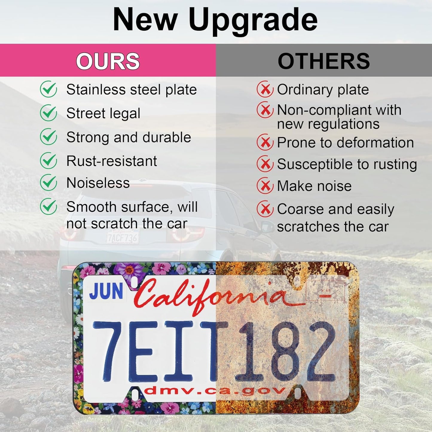 LivTee Flower Floral License Plate Frames, 4 Holes Stainless Steel License Plate Covers, 2PCS Car License Plate Holder, Automotive Exterior Accessories