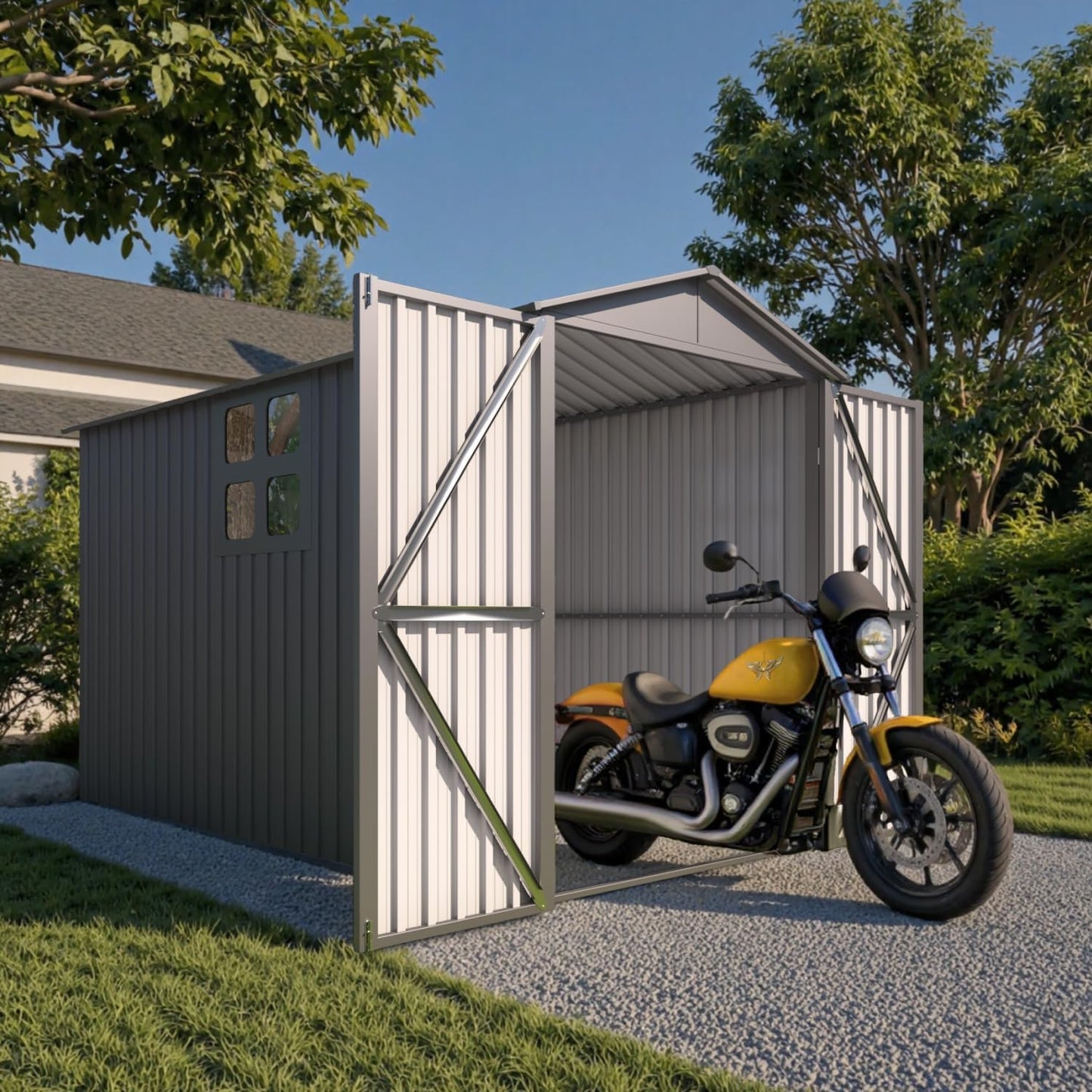 5’ x 10’ Motorcycle Storage Sheds, Metal Shelter & Garage with Windows and Lockable Door Handle, Heavy Duty Vehicle Shed for All Weather, Anthracite