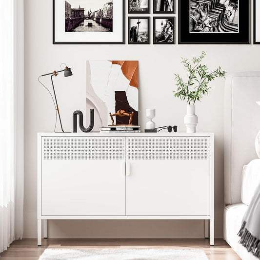 2 Door Storage Sideboard, Metal Storage Cabinet with 2 Adjustable Shelf,Multipurpose Metal Accent Cabinet for Office Home,Music Studio (White, 25''H)